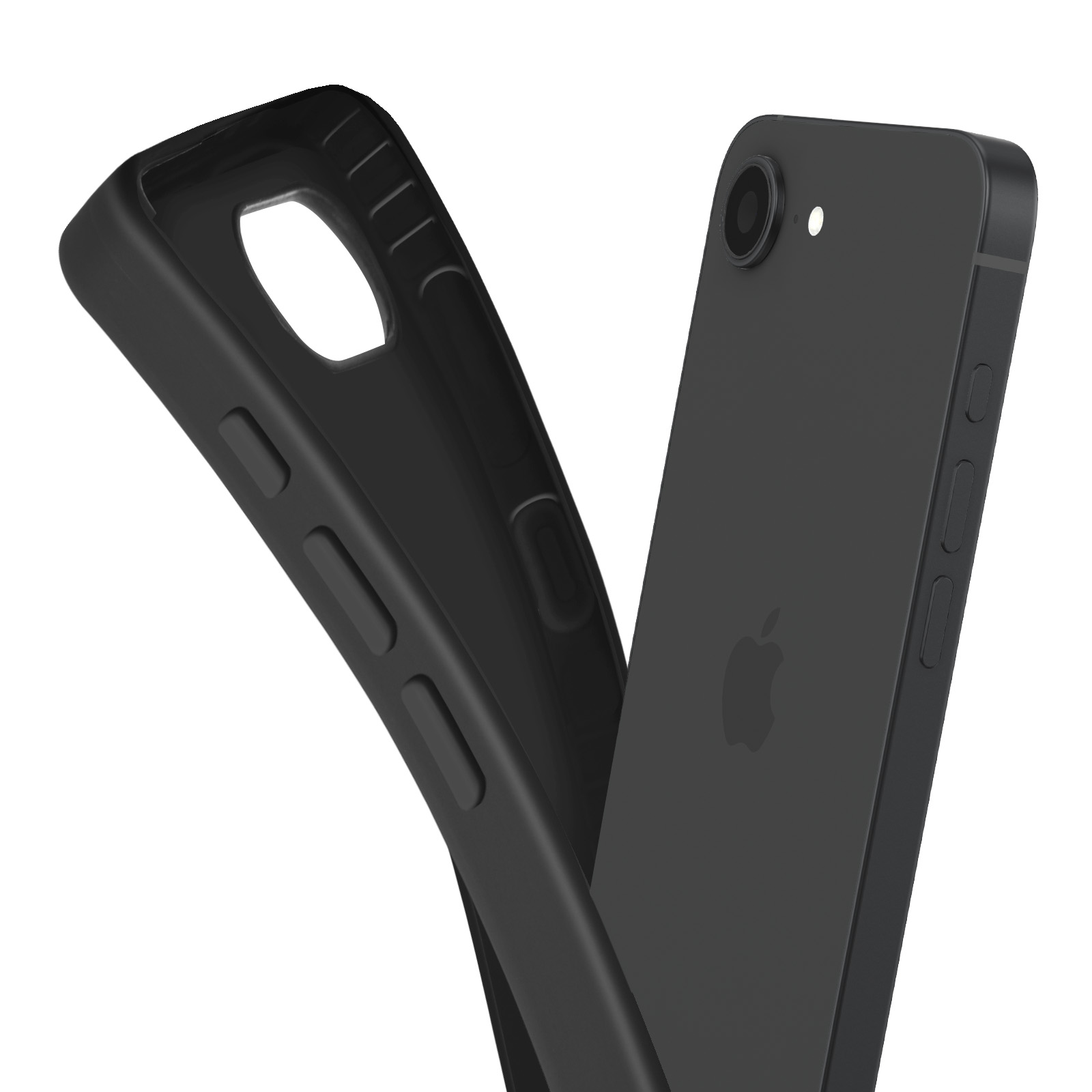 Schwarzes iPhone mit schwarzer Hülle. Die Hülle ist geöffnet und zeigt die Rückseite und die Kamera des Telefons.