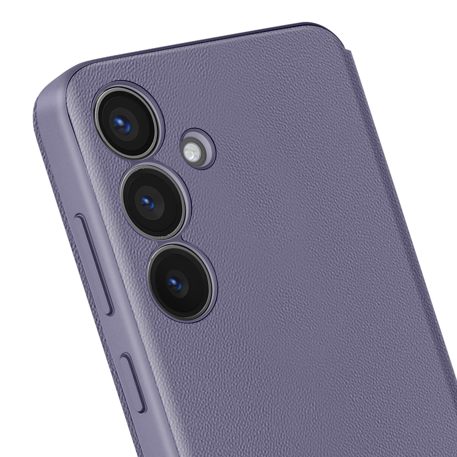 Primo piano del retro di uno smartphone viola con tre obiettivi e un flash. Il telefono ha una superficie strutturata.