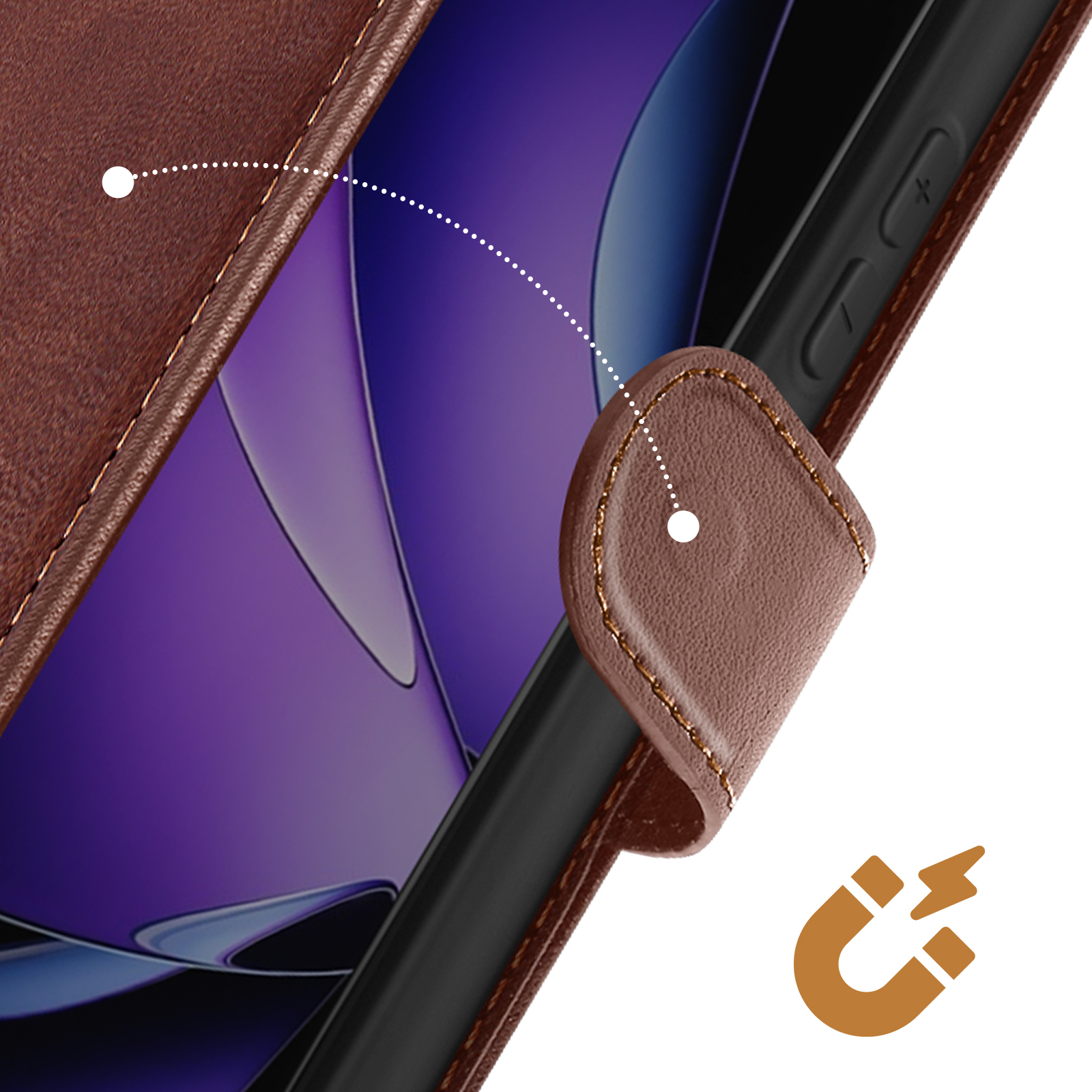 Eine braune Leder-Handyhülle mit Magnetverschluss. Der Telefonbildschirm ist lila. Magnetsymbol in der Ecke.