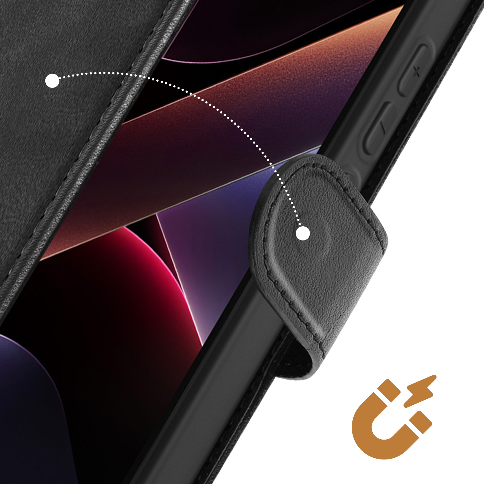 Custodia nera per telefono con chiusura magnetica, che mostra uno schermo con sfumature rosse e viola.