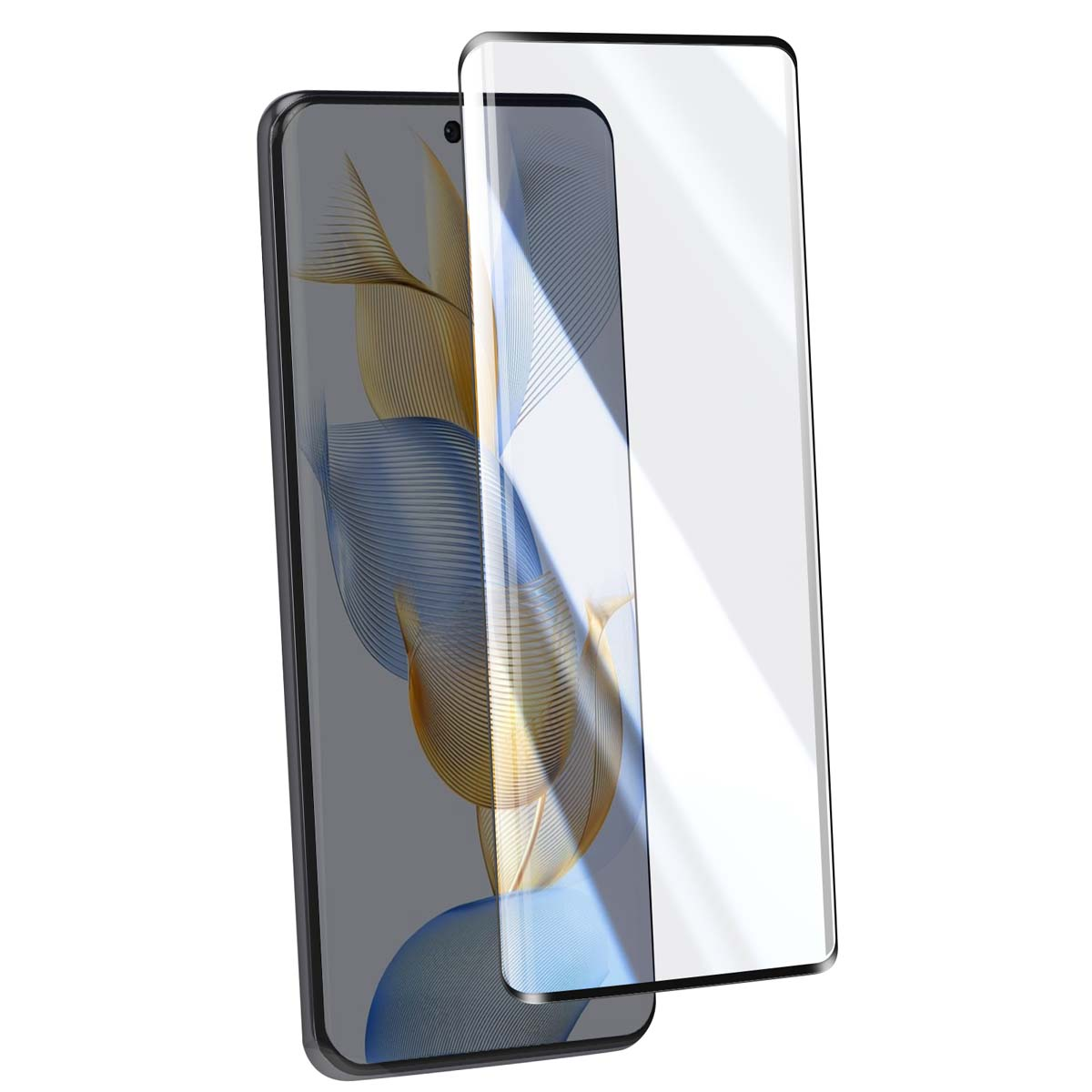 Un smartphone avec un protecteur d'écran. Le téléphone est noir, l'écran affiche un design doré. Le protecteur est transparent.