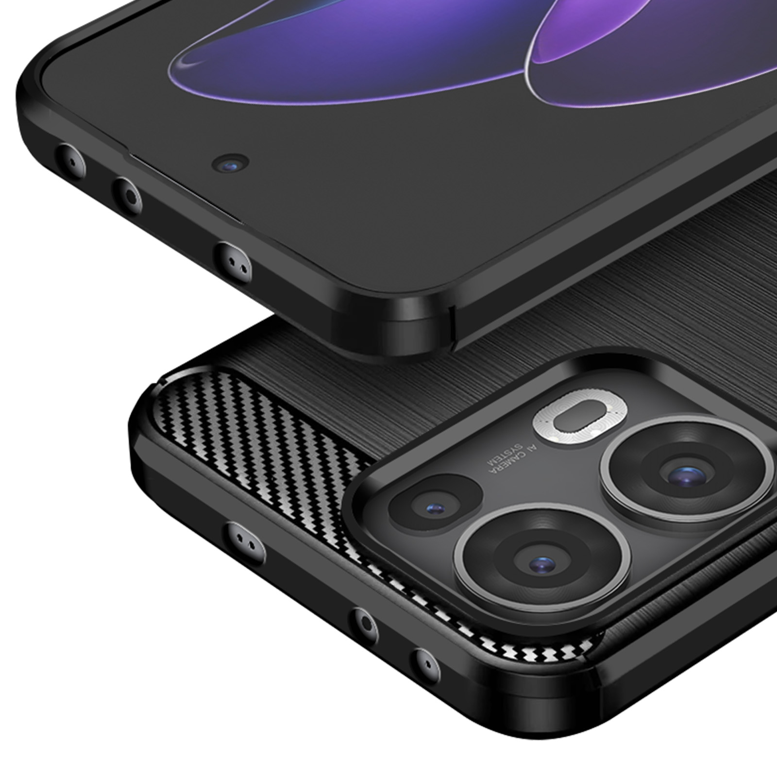 Primo piano di una custodia per telefono nera con sistema fotocamera e design in fibra di carbonio. Lo schermo mostra un design viola.