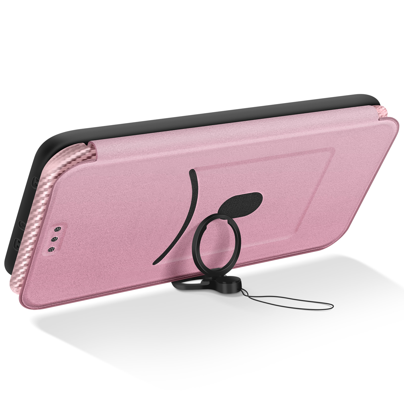 Una custodia rosa per telefono con un supporto ad anello nero e un cinturino nero. La custodia è angolata su una superficie bianca.
