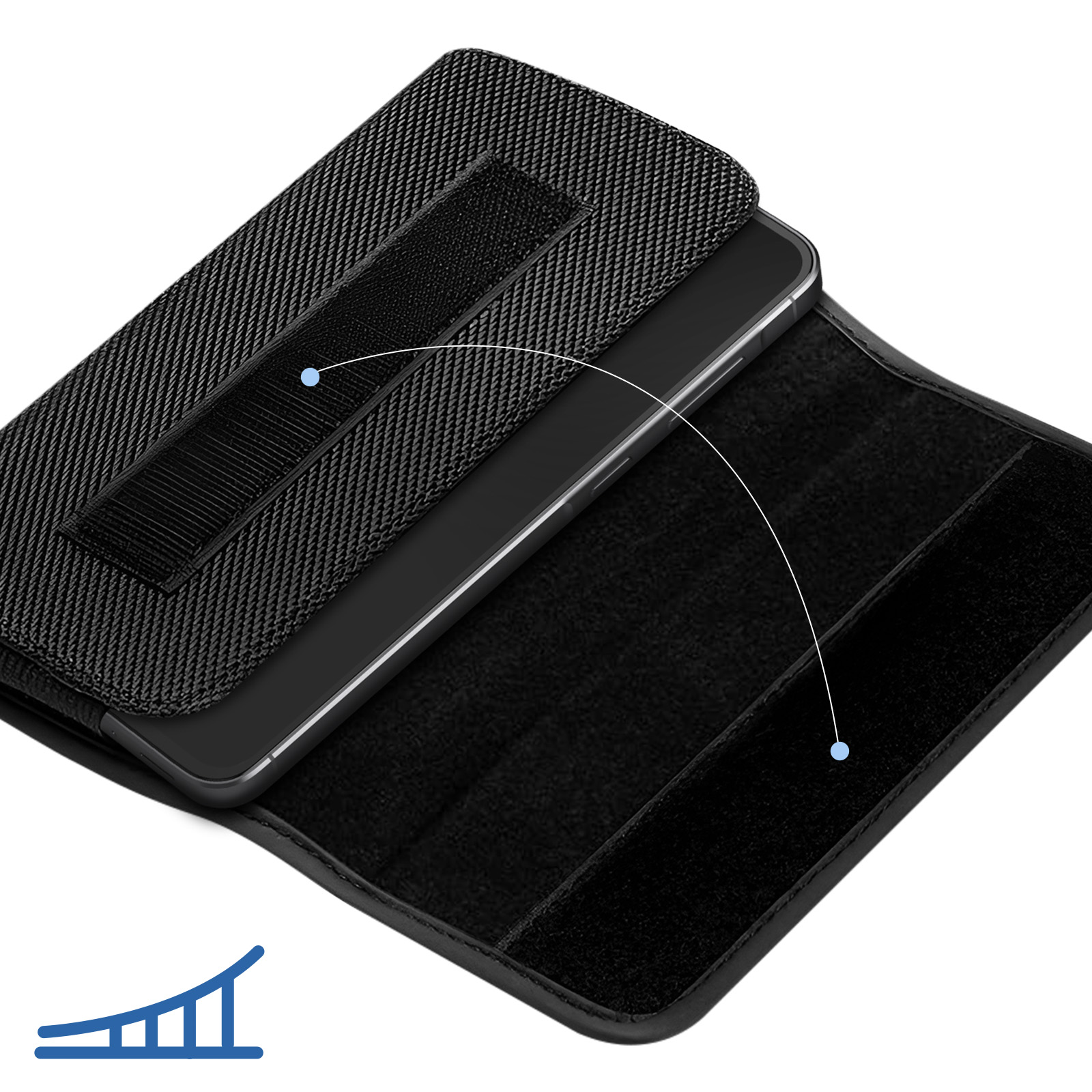Custodia per telefono nera con un telefono all'interno. La custodia è aperta, mostrando l'interno. La custodia ha cinturini in velcro ed esterno strutturato.