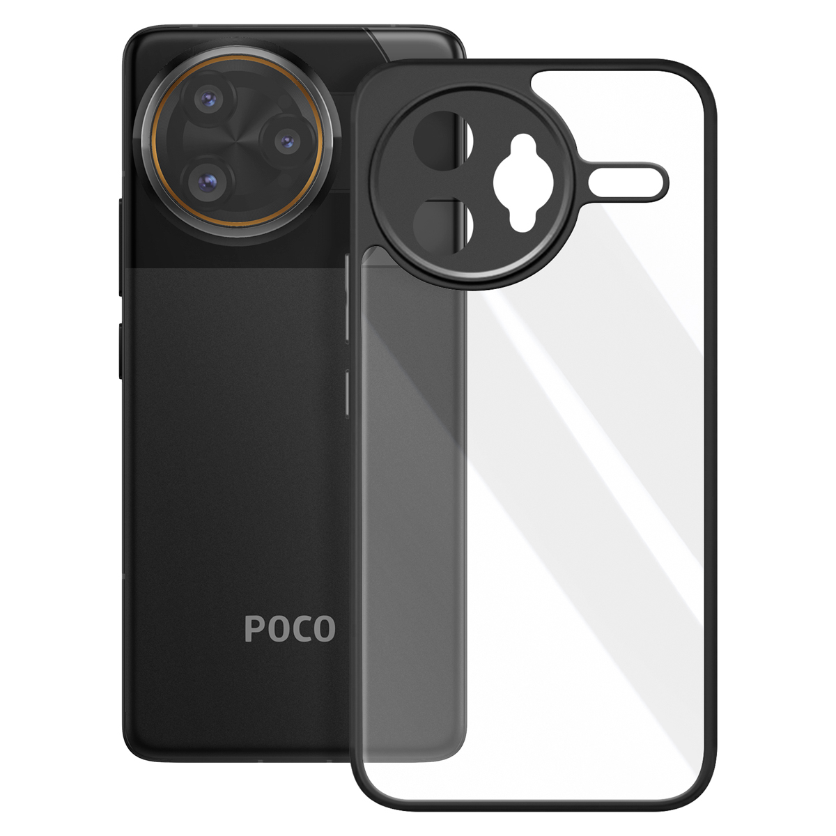 Uno smartphone nero con una custodia protettiva. Il telefono ha tre obiettivi con un anello dorato. La custodia è trasparente.