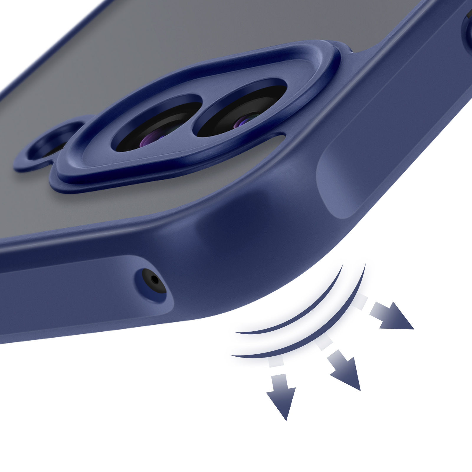 Close-up van een blauwe telefoonhoes met camera-uitsparingen. Pijlen geven schokbestendigheid aan op een witte achtergrond.