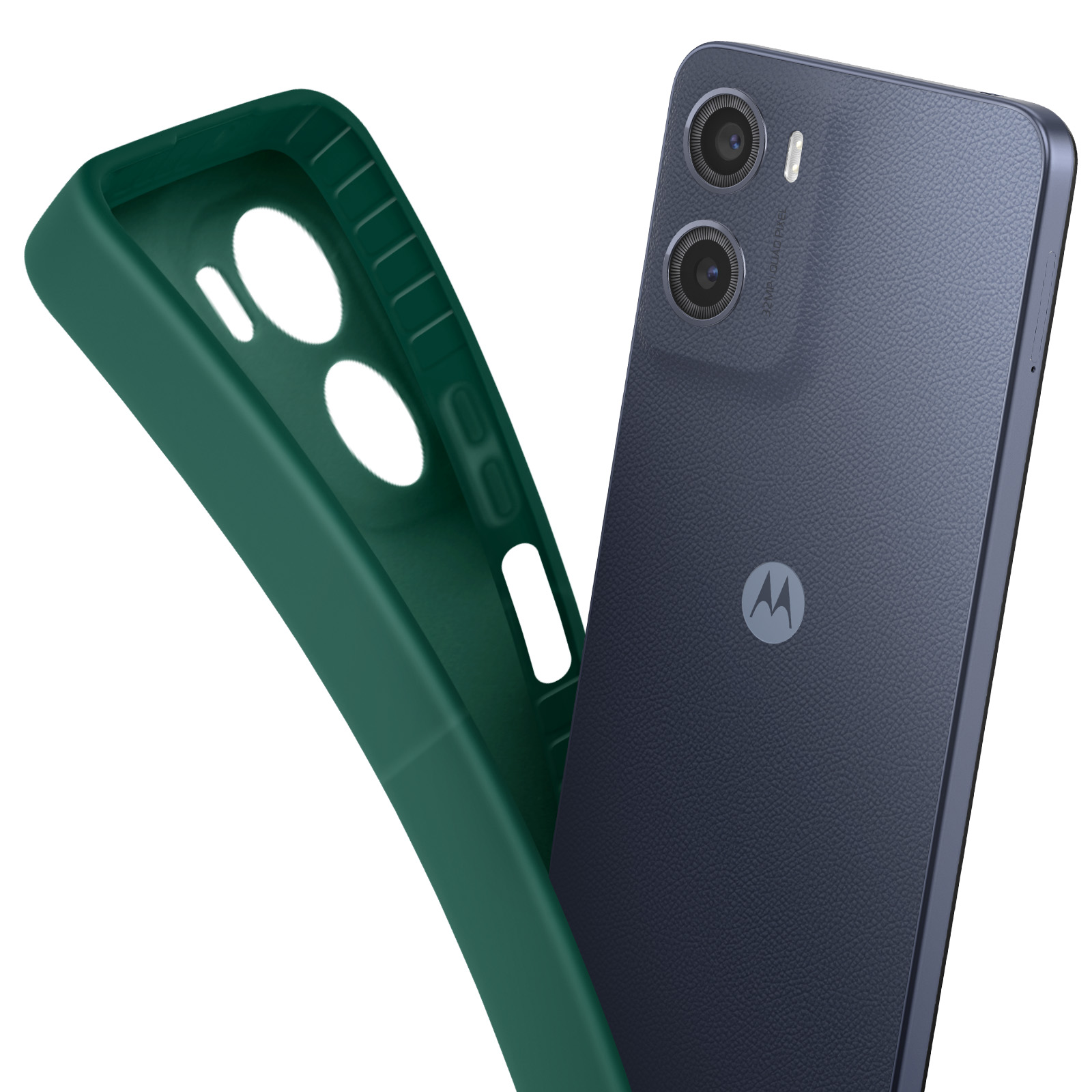 Un telefono Motorola blu scuro con una custodia verde. Il telefono ha due fotocamere e un logo Motorola.