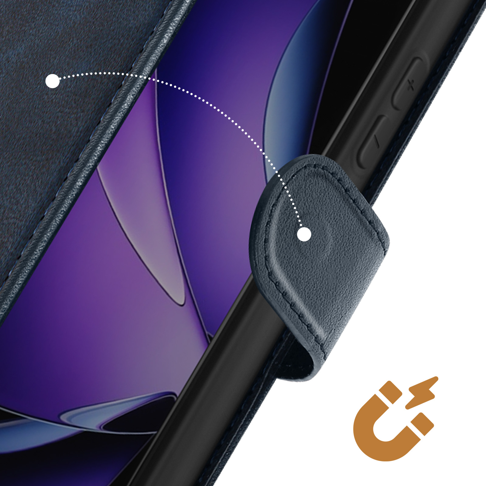 Nahaufnahme einer Handyhülle mit Magnetverschluss. Die Hülle ist dunkelblau, der Telefonbildschirm ist lila.
