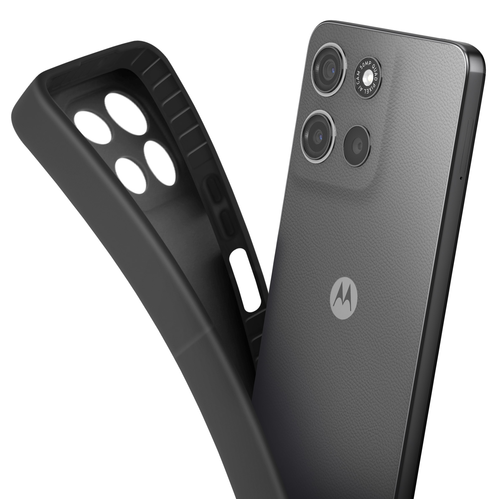 Un telefono grigio con tre fotocamere e una custodia nera. La custodia ha aperture per gli obiettivi. Logo Motorola visibile.