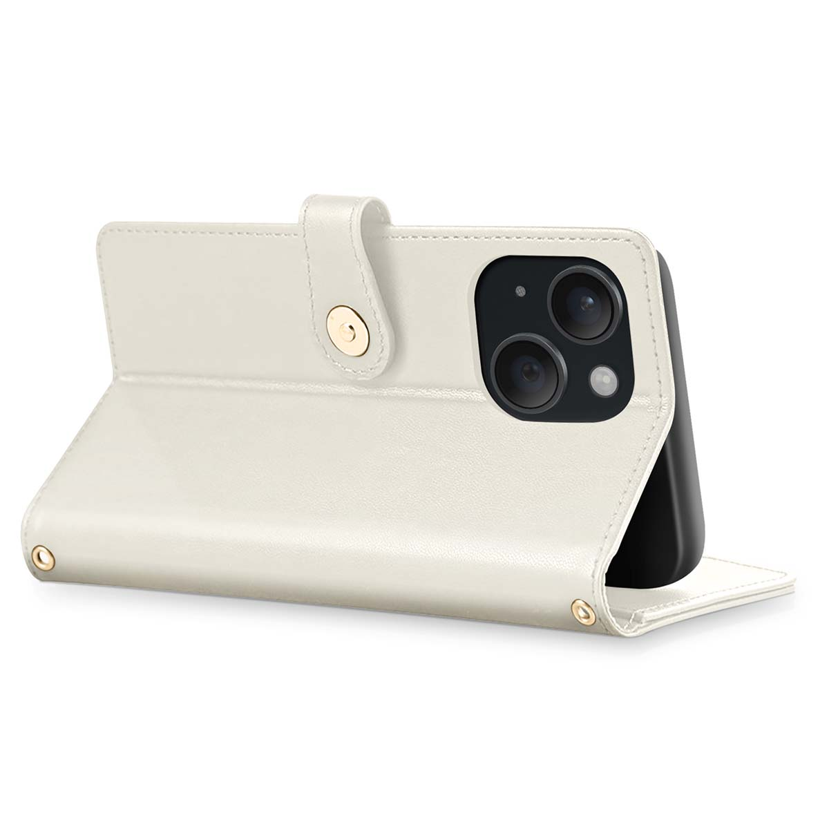 Una custodia per telefono color crema è aperta, rivelando un telefono nero con doppia fotocamera. La custodia ha una chiusura magnetica.