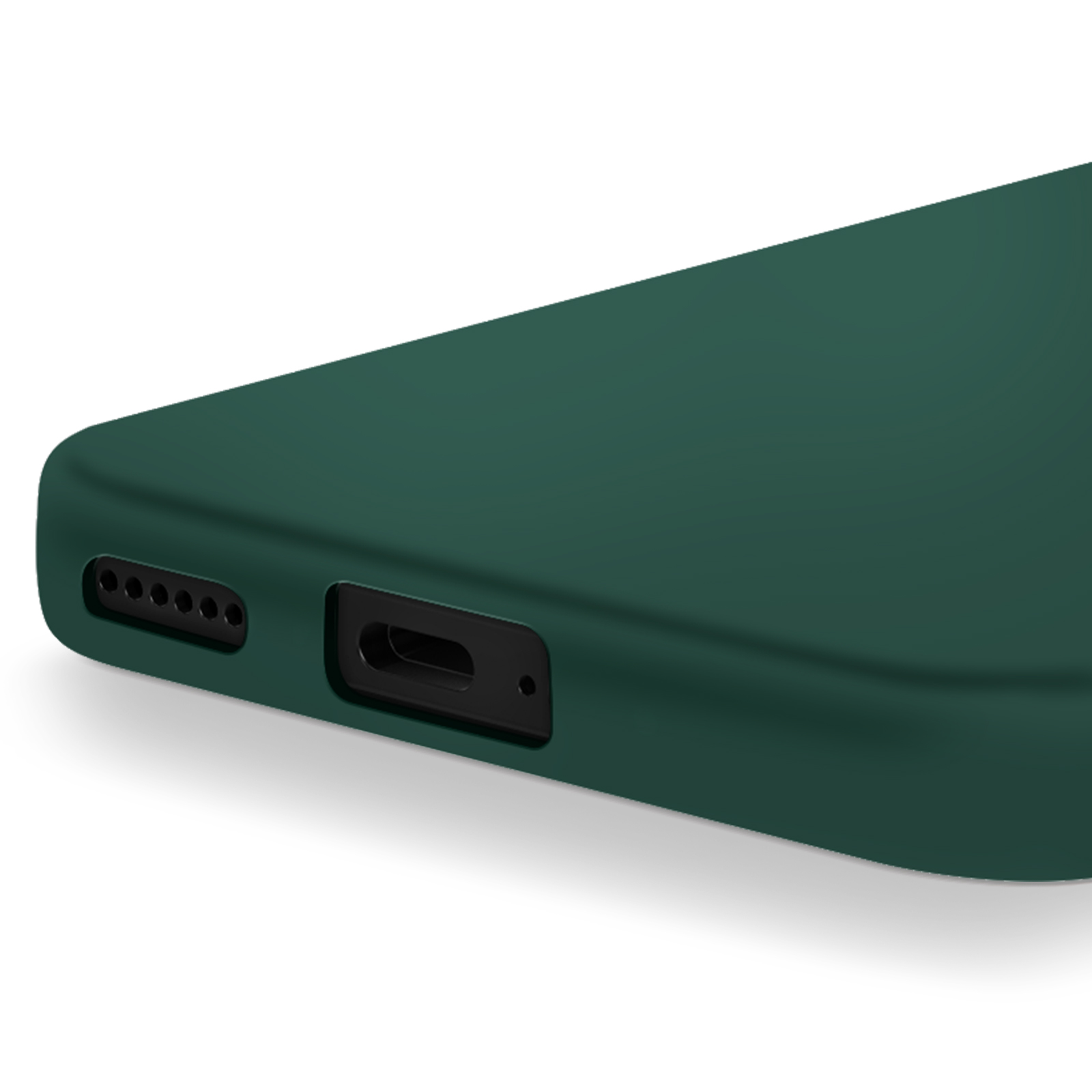 Primo piano di una custodia per telefono verde scuro. Mostra porte e bordi su sfondo bianco.