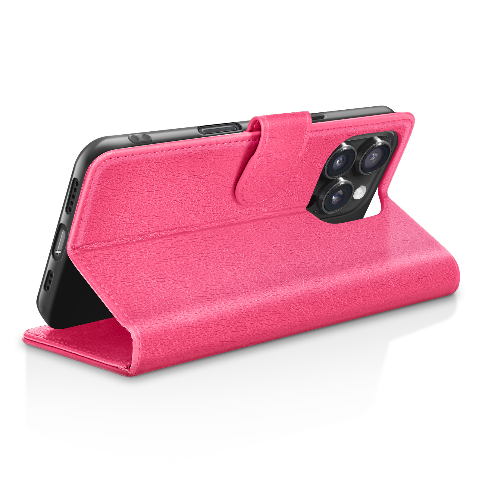 Een roze telefoonhoesje met een telefoon erin. De hoes is open en heeft een magnetische sluiting.