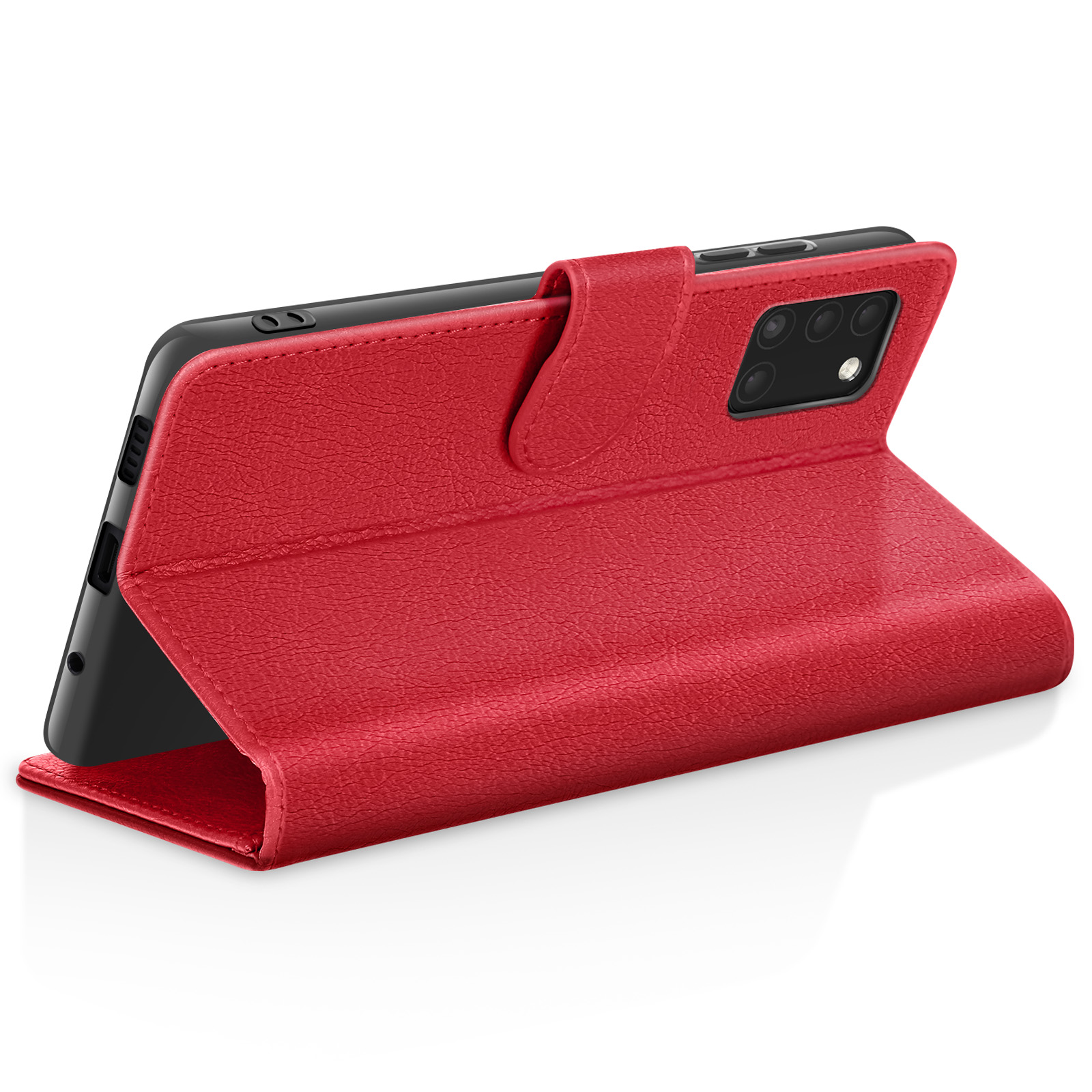 Un étui de téléphone en cuir rouge, ouvert pour révéler un téléphone noir. L'étui est sur une surface blanche.