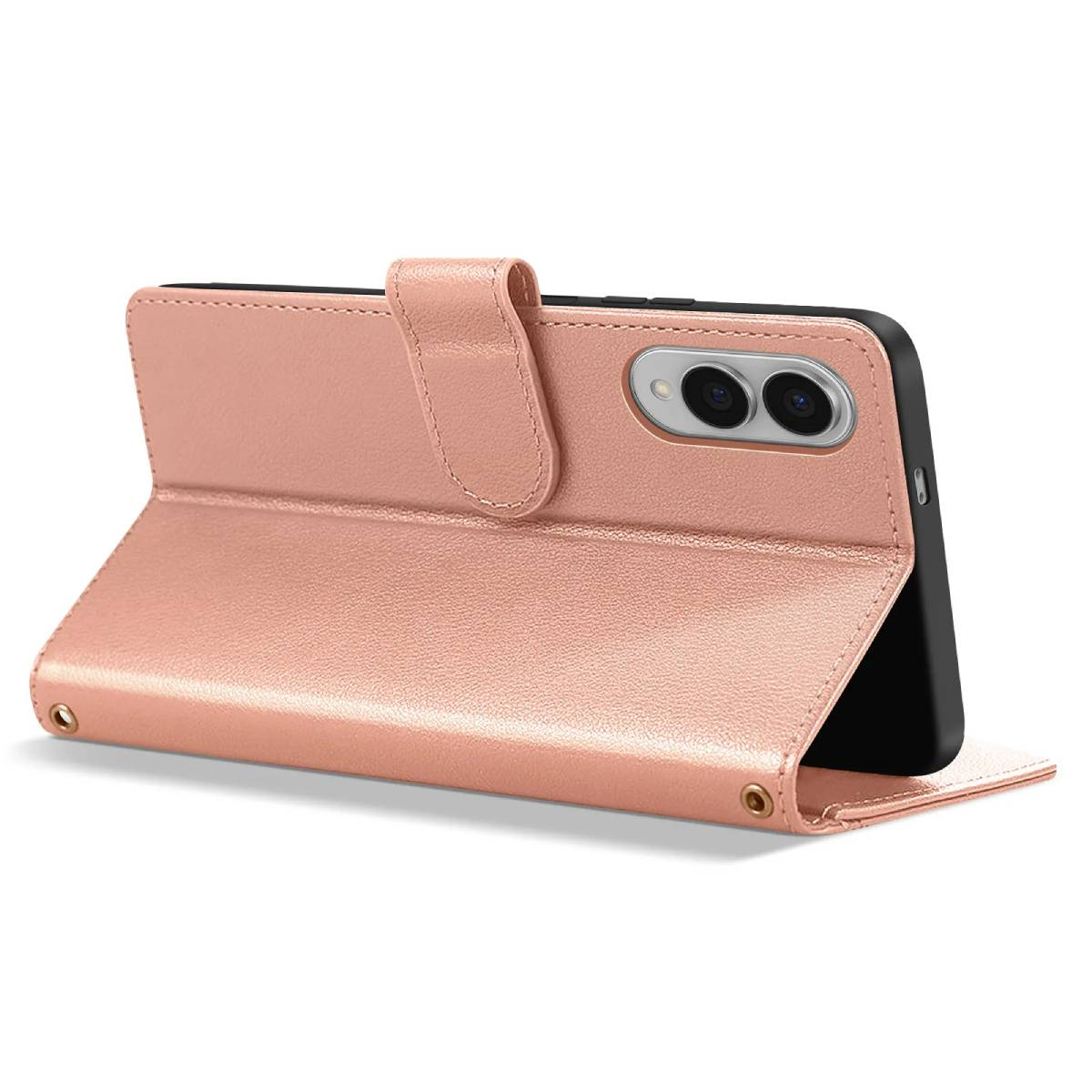 Una custodia per telefono color oro rosa è aperta, rivelando un telefono nero. La custodia ha una linguetta di chiusura magnetica e due lenti.