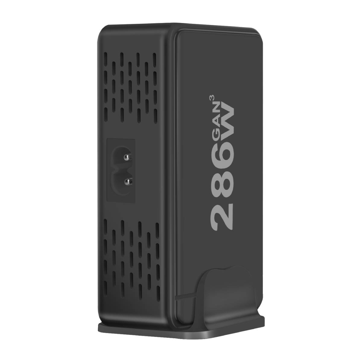 Ein schwarzes 286W GAN-Ladegerät. Es hat eine AC-Steckdose und Lüftungslöcher. Das Ladegerät steht auf einem schwarzen Sockel.