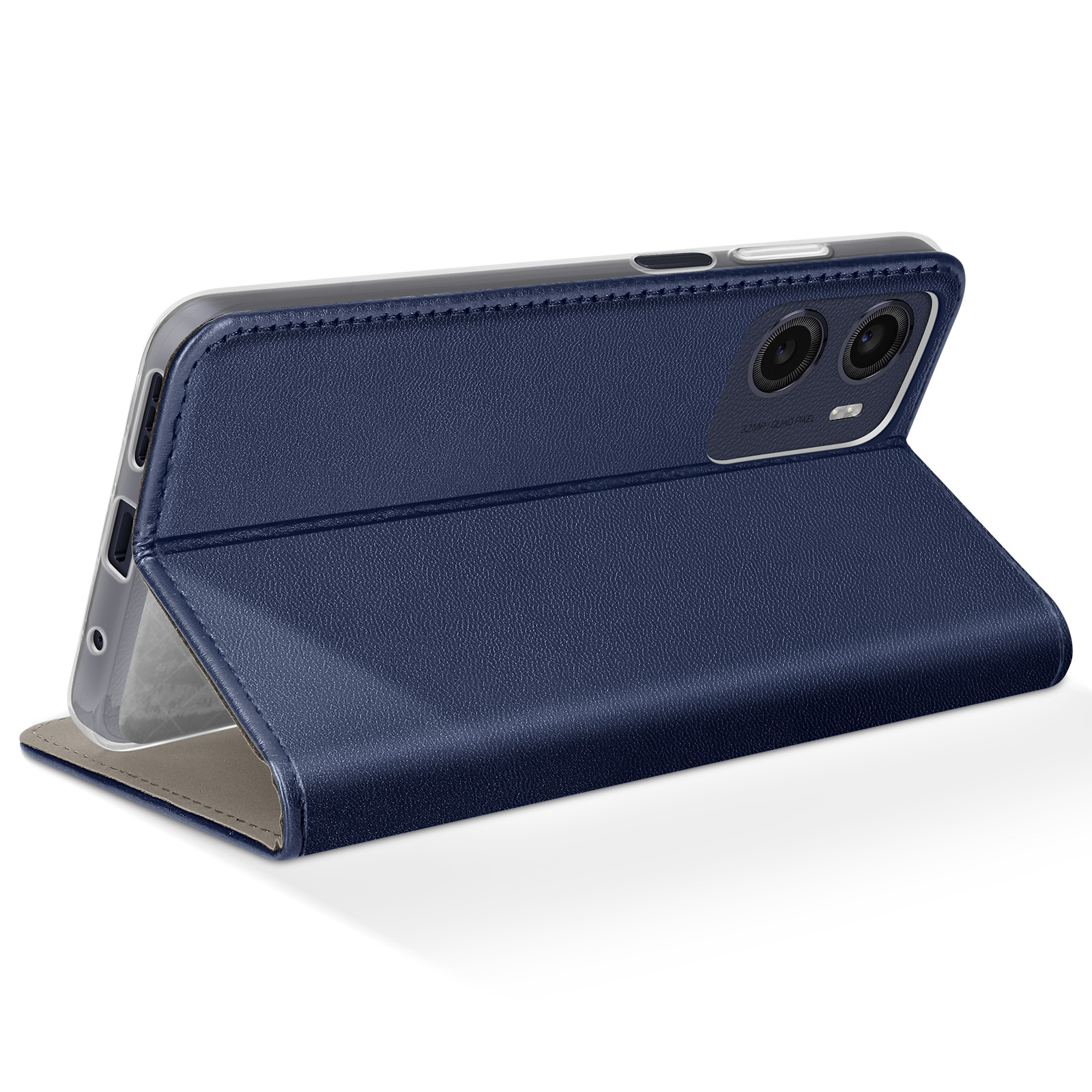 Una custodia blu per telefono è aperta, mostrando il telefono. Lo sfondo è bianco.
