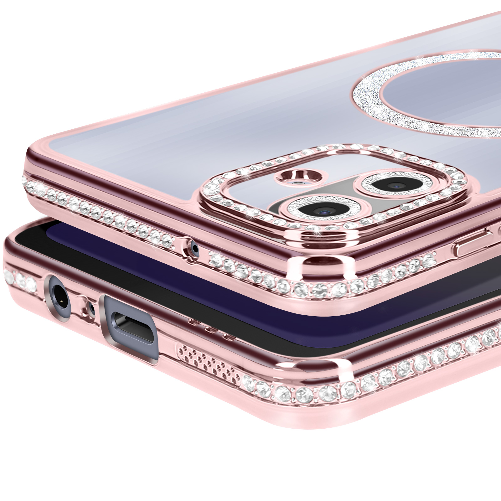 Primo piano di una custodia per telefono oro rosa con strass incastonati. La custodia ha un retro trasparente e un anello decorativo.