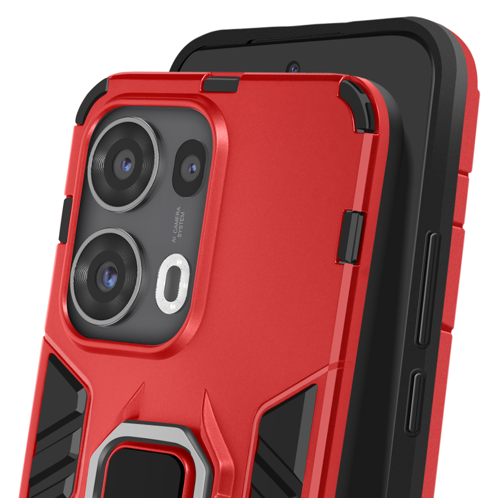 Primo piano di una custodia rossa per telefono con dettagli neri, che mostra obiettivi della fotocamera, un supporto ad anello e un telefono nero.
