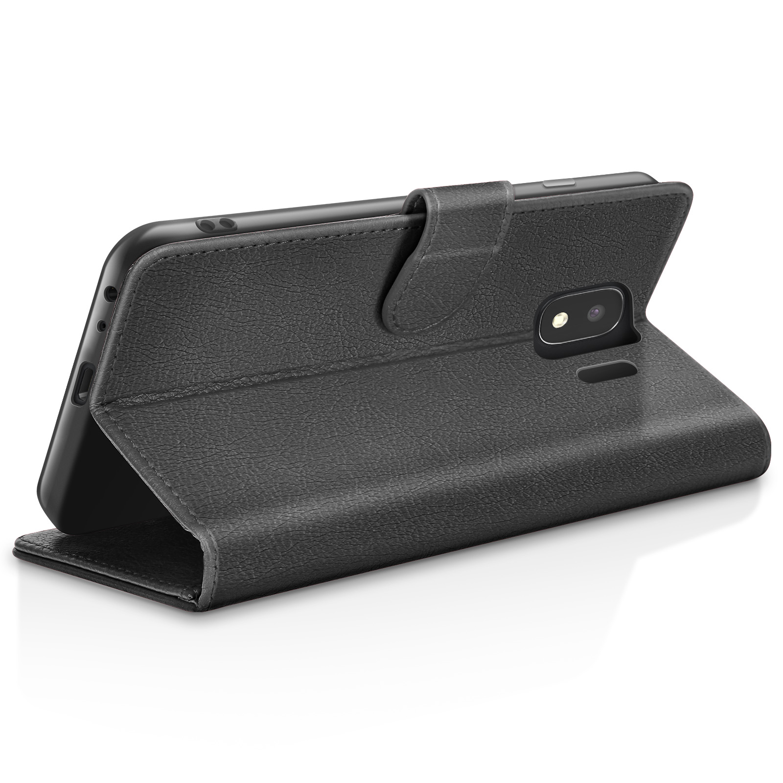 Étui de téléphone noir ouvert, montrant un smartphone. Texture cuir. L'étui est incliné, avec fond et ombres blancs.