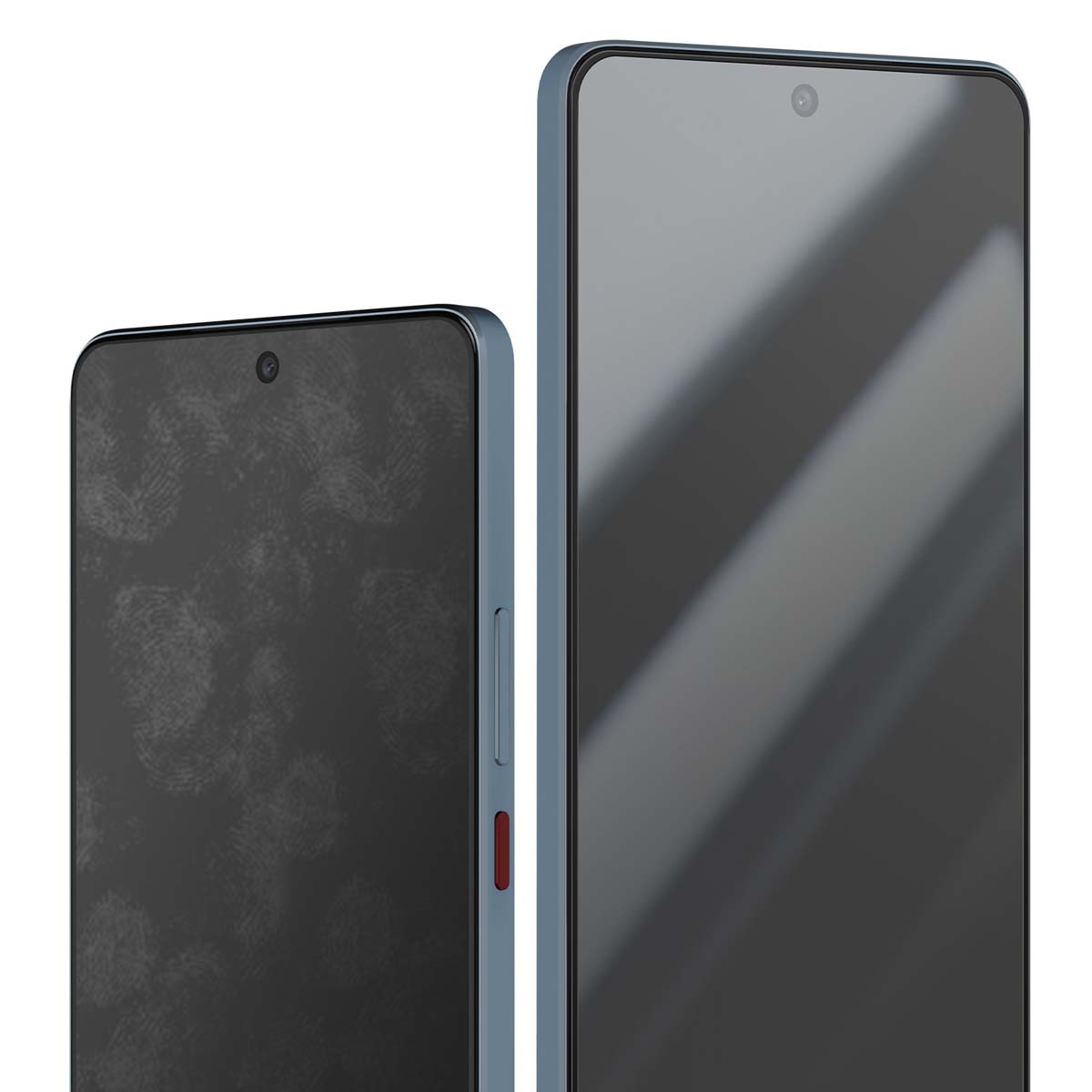 Due smartphone affiancati. I display sono grigio scuro, mostrano impronte digitali. Cornici blu con un pulsante rosso laterale.