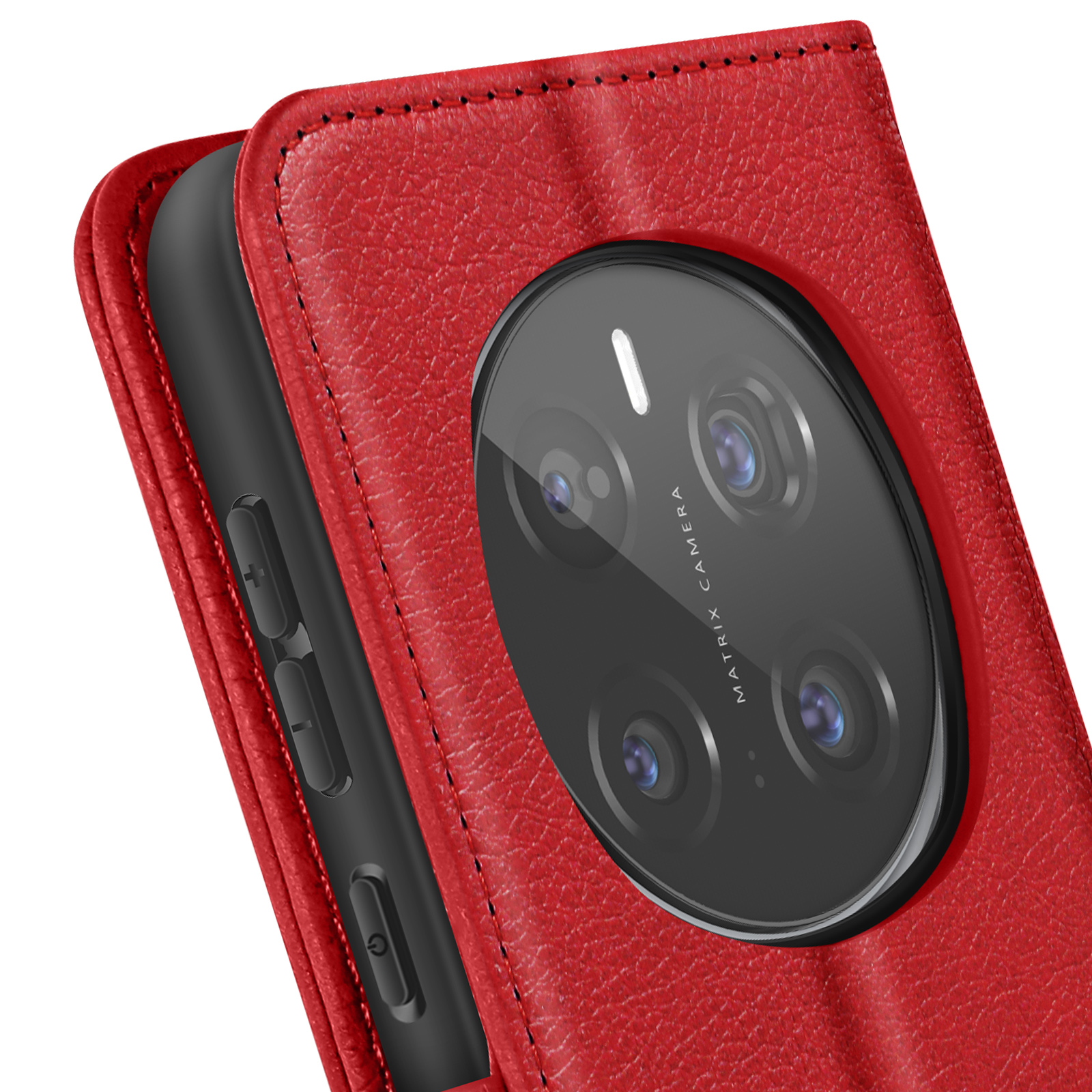 Custodia per telefono in pelle rossa con un telefono nero all'interno. La fotocamera è visibile con la scritta MATRIX CAMERA.