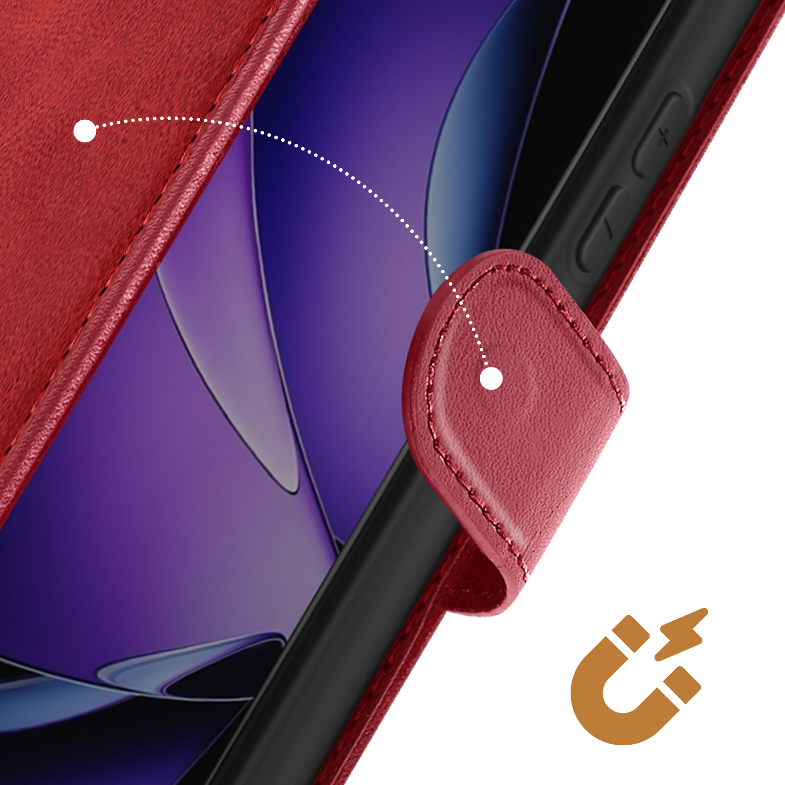 Rote Handyhülle mit Magnetverschluss. Der Telefonbildschirm ist sichtbar. Unten befindet sich ein Magnetsymbol.