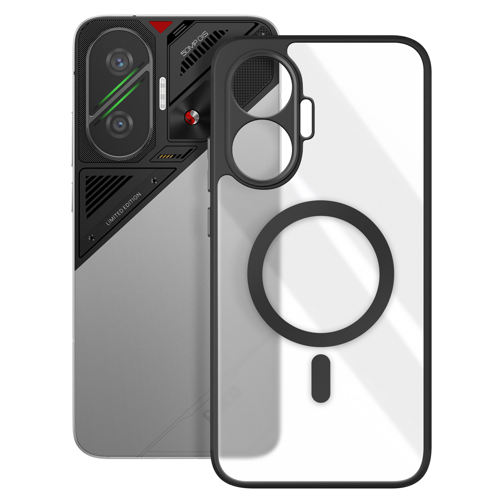 Un telefono e una custodia trasparente. Il telefono ha un rigonfiamento della fotocamera con luci verdi. La custodia ha dettagli neri e un anello MagSafe.