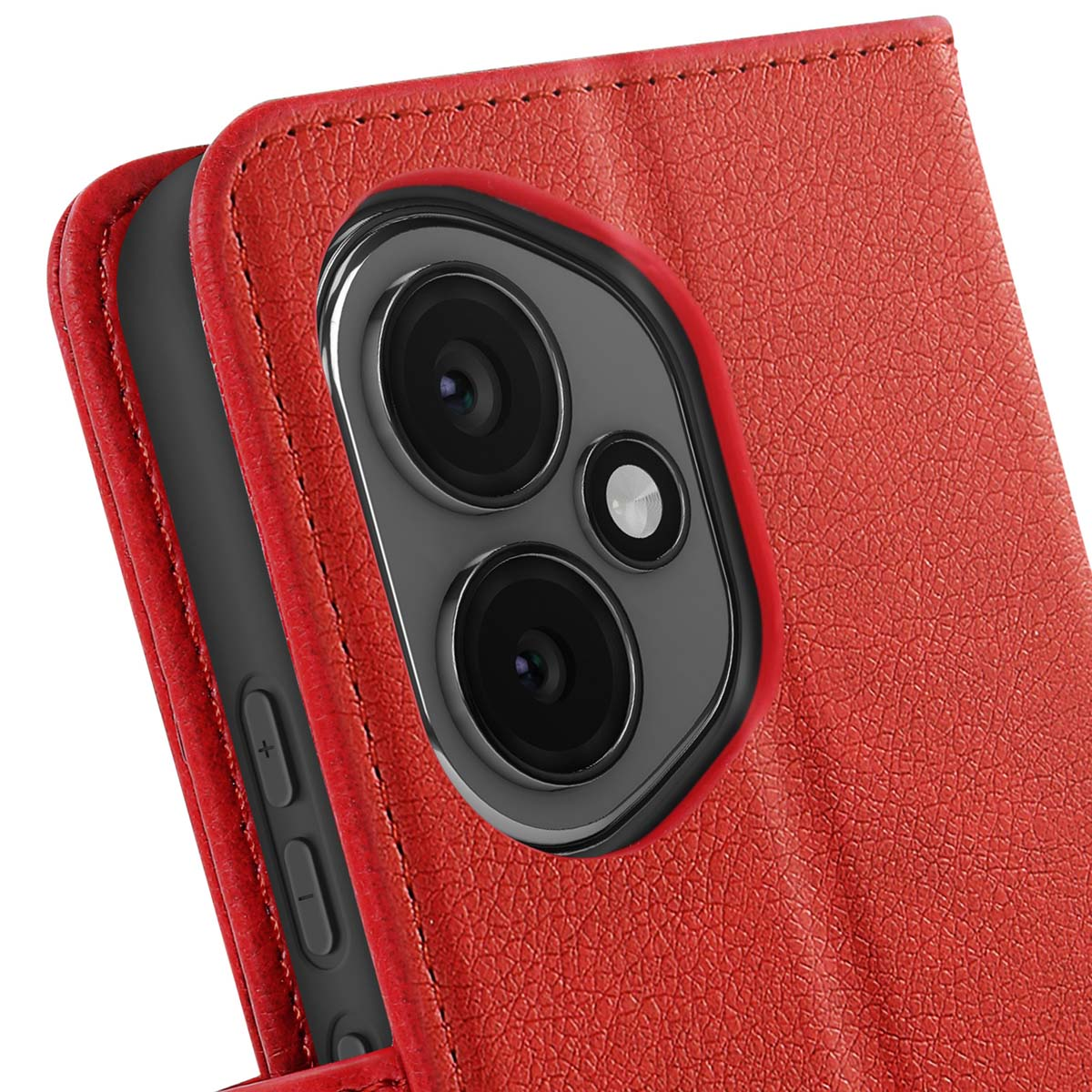 Primo piano di una custodia rossa per telefono con modulo fotocamera visibile. La custodia è in pelle strutturata.
