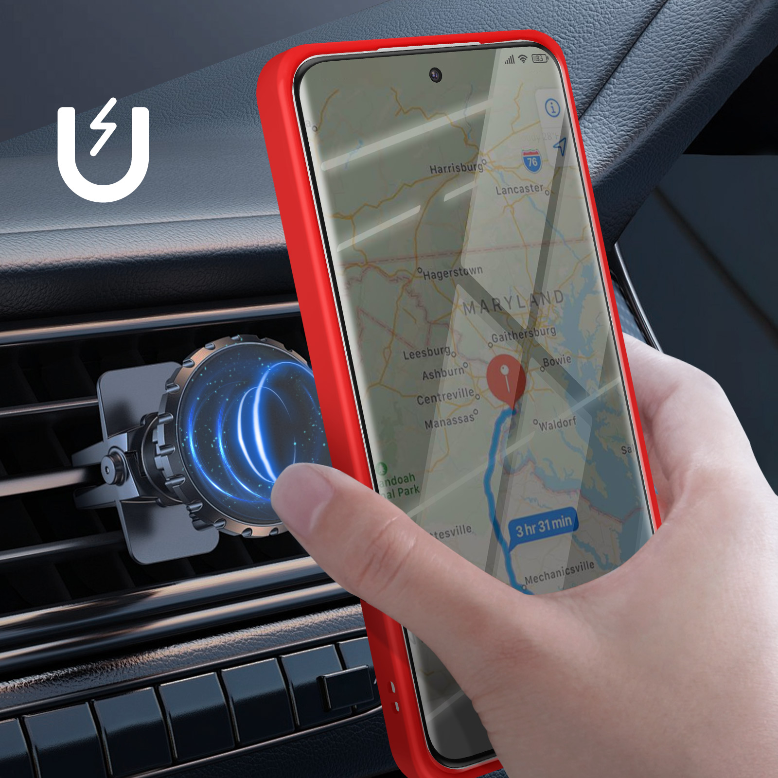 Un telefono con una mappa è tenuto vicino a una bocchetta dell'auto. Un supporto magnetico per telefono è attaccato alla bocchetta.