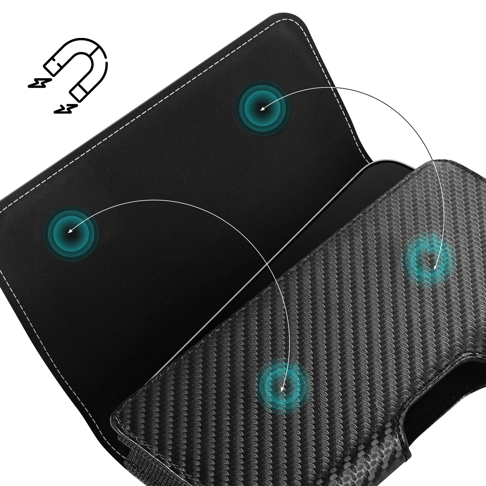 Custodia per telefono nera con magneti. Ha una trama in fibra di carbonio e cuciture bianche. Icona magnete in alto a sinistra.