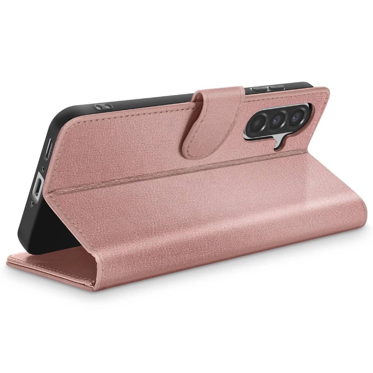 Eine roségoldene Handyhülle ist geöffnet und zeigt das Telefon. Die Hülle ist lederartig mit Magnetverschluss und hat einen Kameraausschnitt.