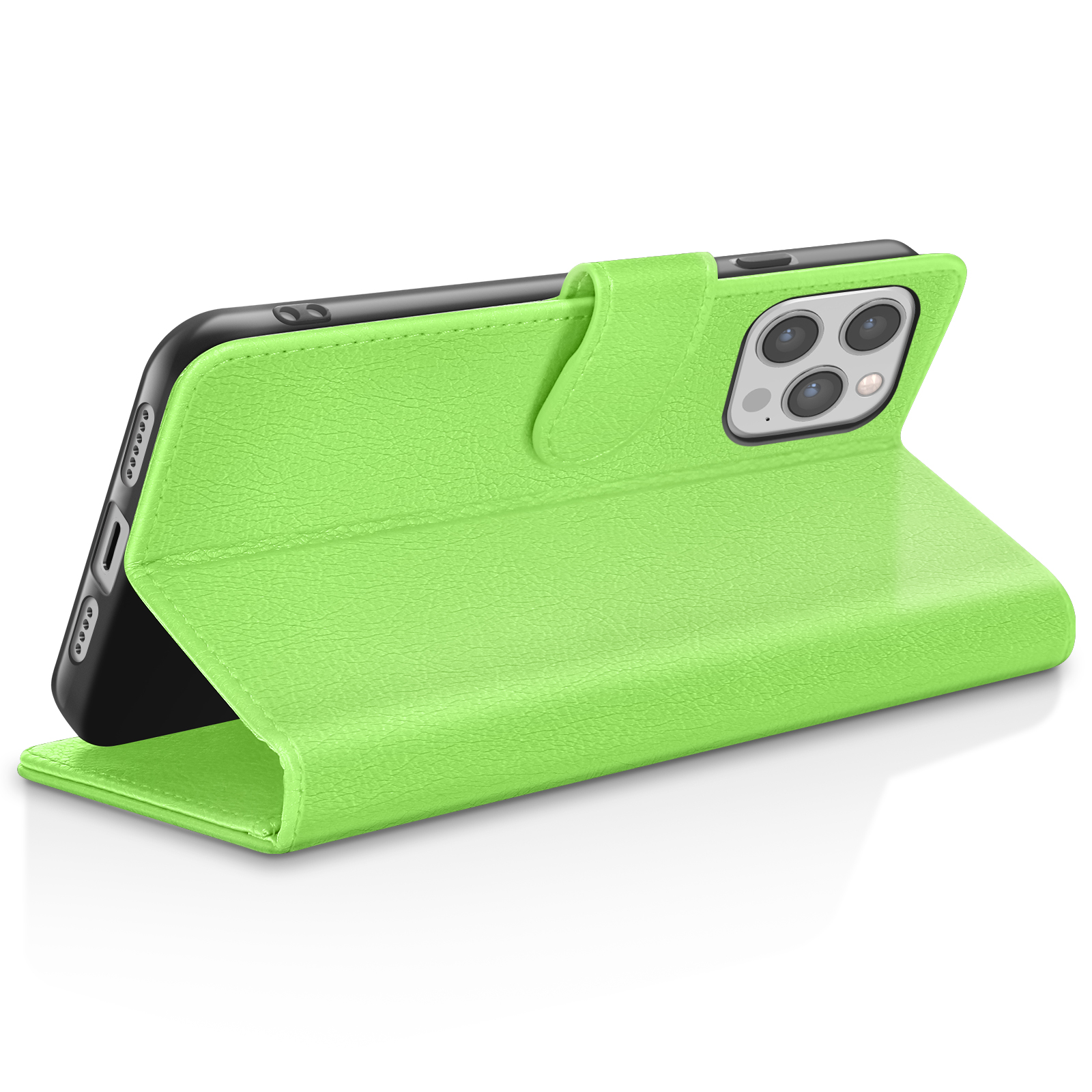Un étui de téléphone vert citron, ouvert, tenant un téléphone noir. L'étui est texturé en cuir et sur fond blanc.