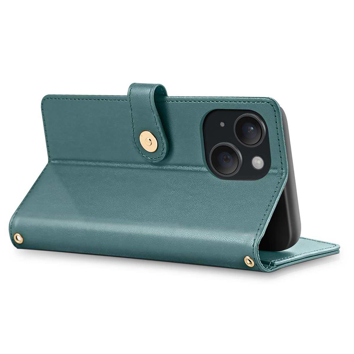 Una custodia per telefono verde acqua con un telefono all'interno. La custodia è aperta, mostrando le lenti della fotocamera del telefono e un fermaglio dorato.