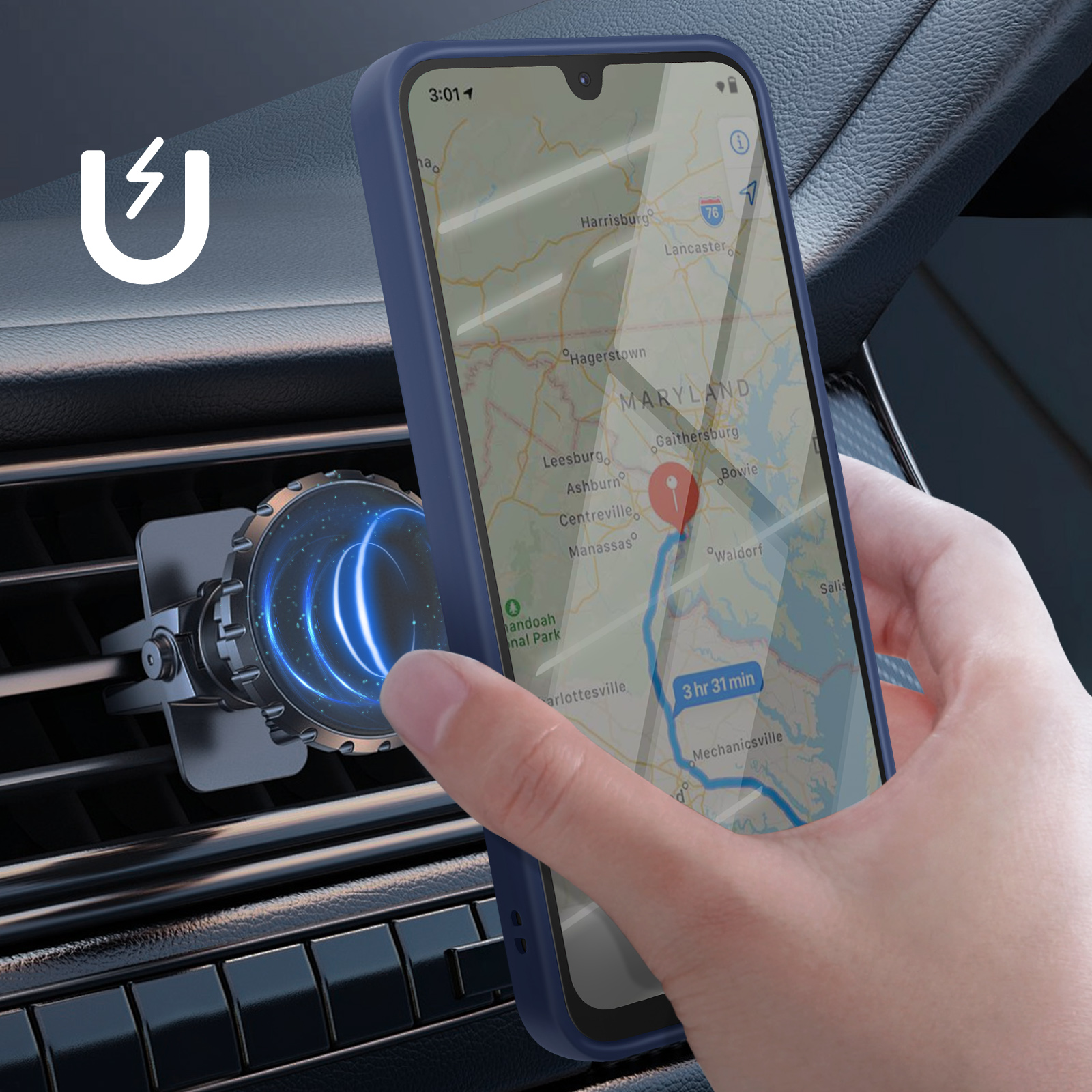 Un telefono che mostra una mappa è tenuto in mano. A sinistra c'è un supporto per bocchetta dell'auto. Il telefono è blu.