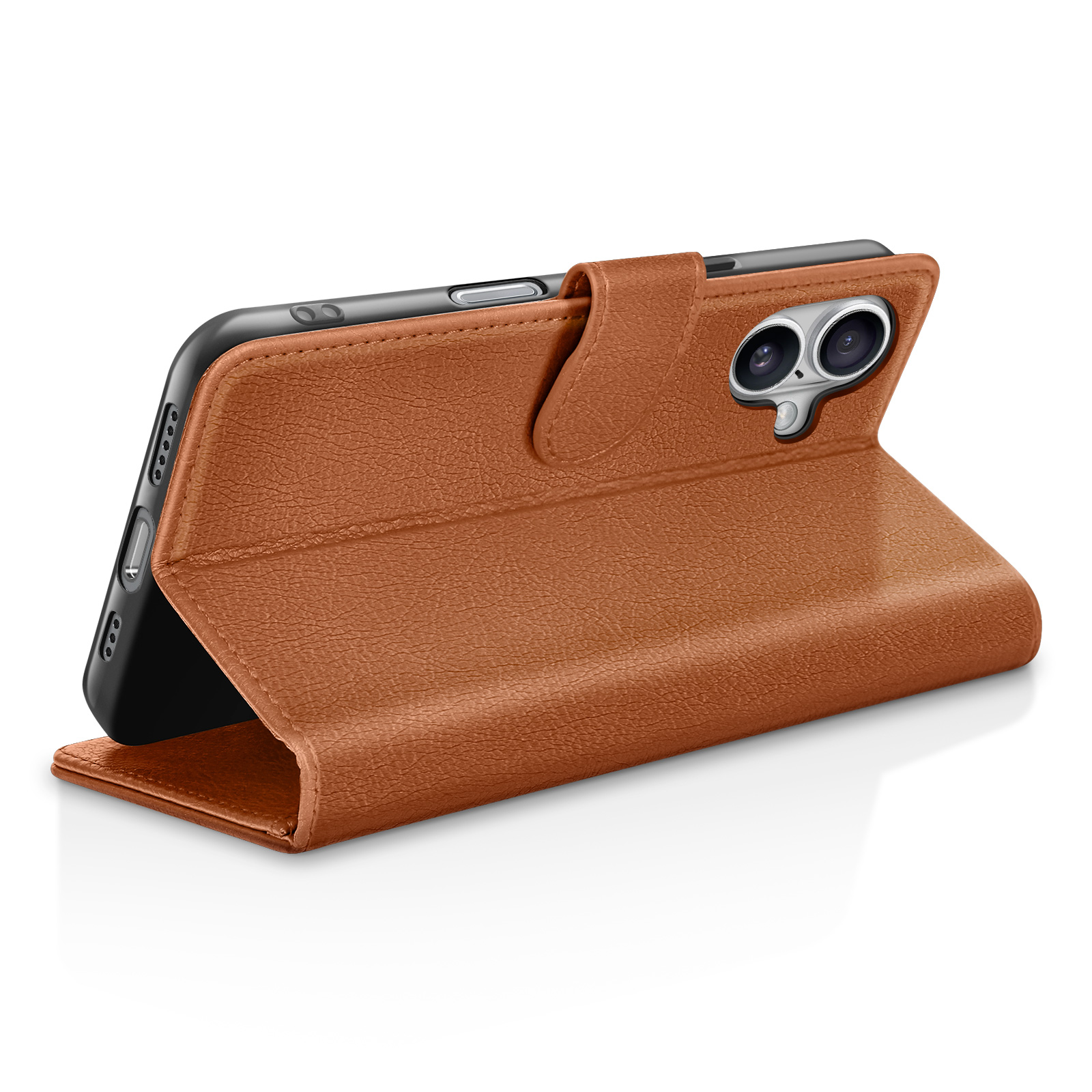 Un étui de téléphone en cuir marron est ouvert, révélant un téléphone noir. L'étui est sur une surface blanche.