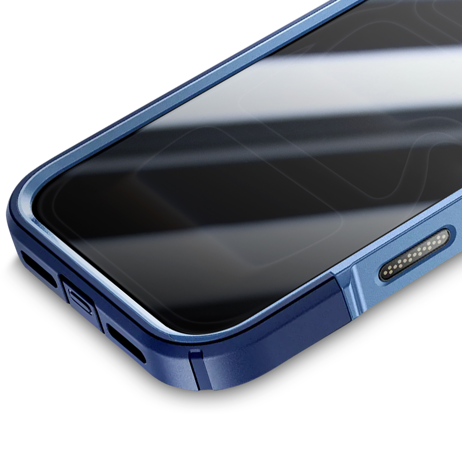 Close-up van een blauwe telefoonhoes met zwart scherm. De hoes is schuin, toont details.