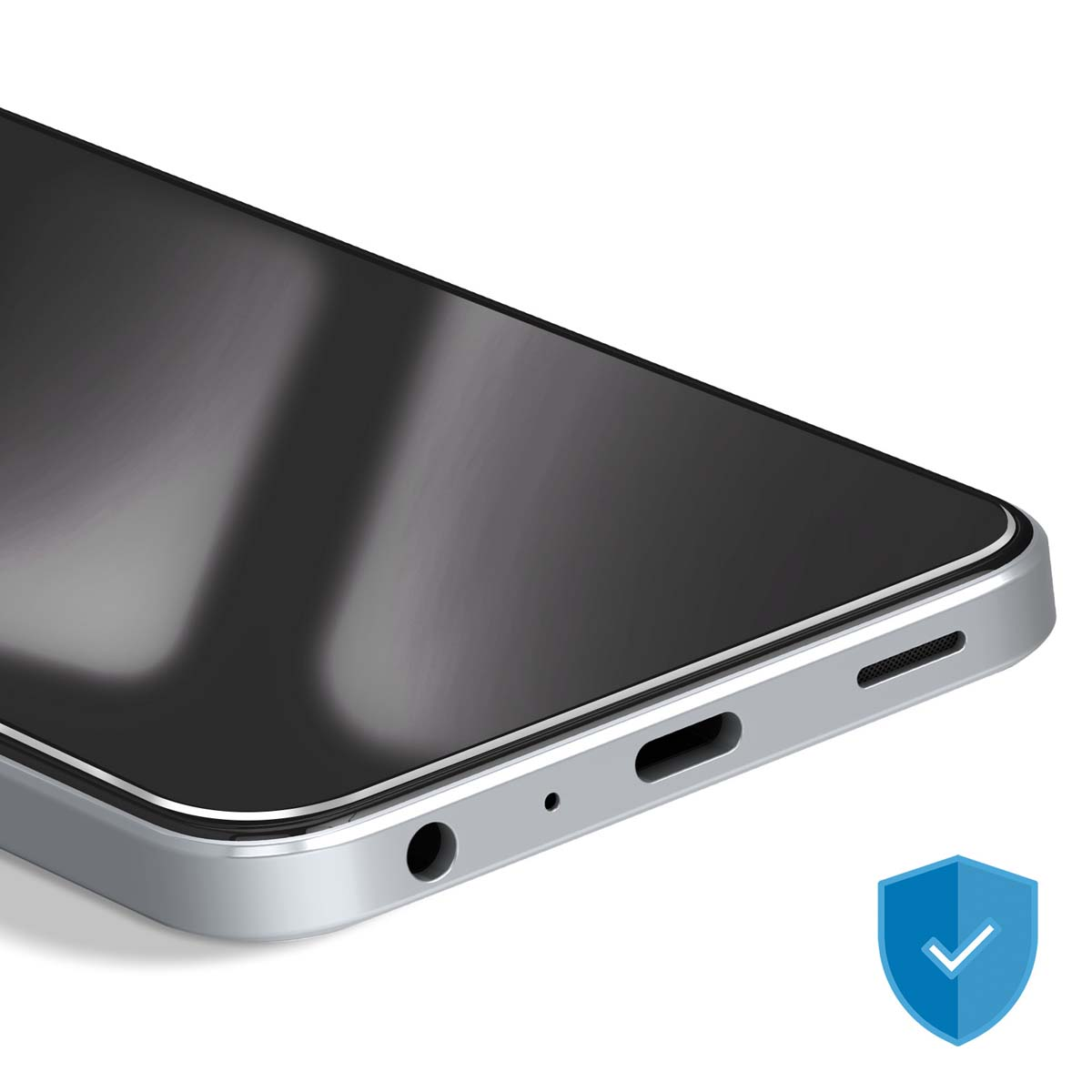 Primo piano di un angolo di smartphone. Il telefono è argento con schermo nero. Scudo blu con segno di spunta.
