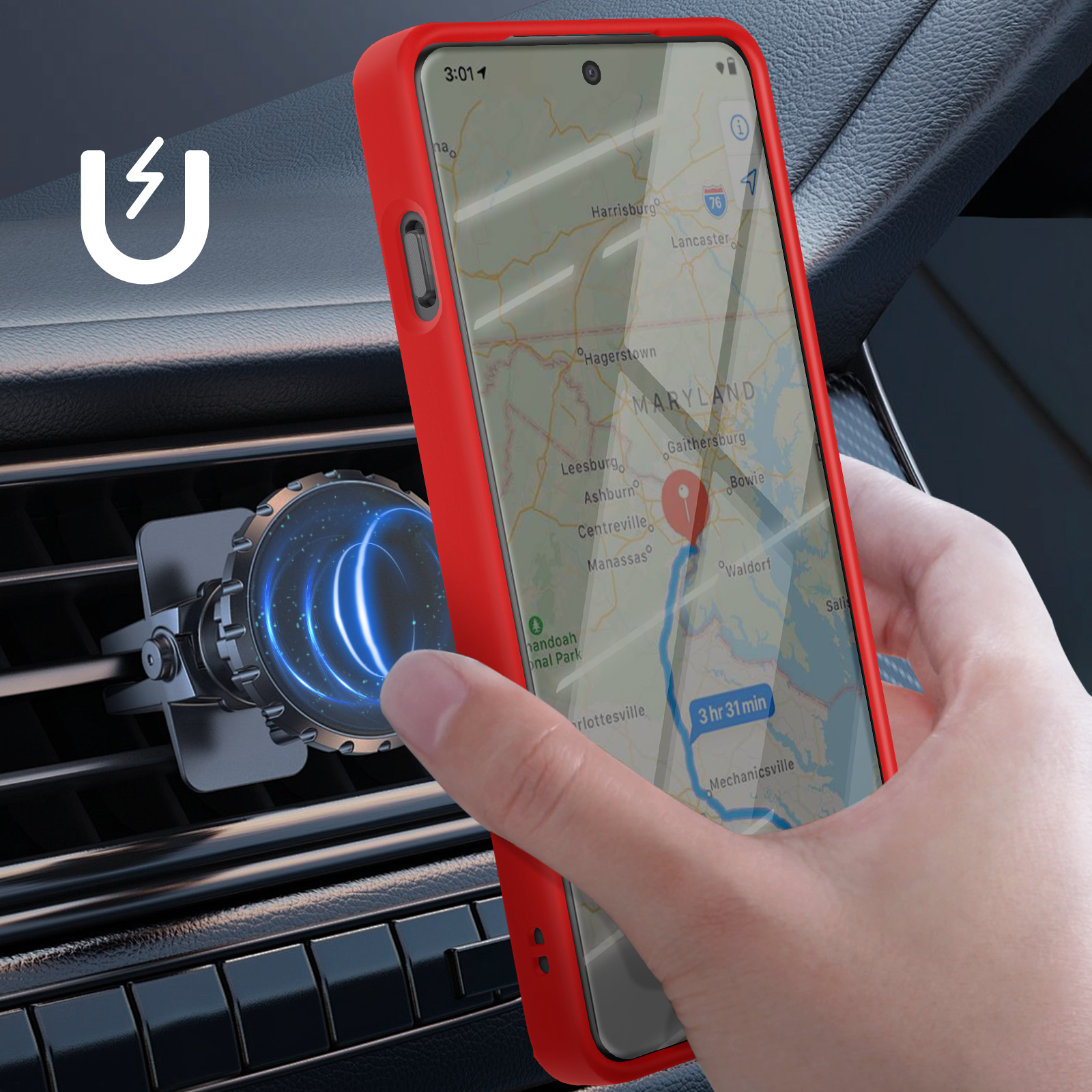 Una mano sostiene un teléfono rojo con un mapa. Un soporte de ventilación del coche tiene un círculo azul brillante.