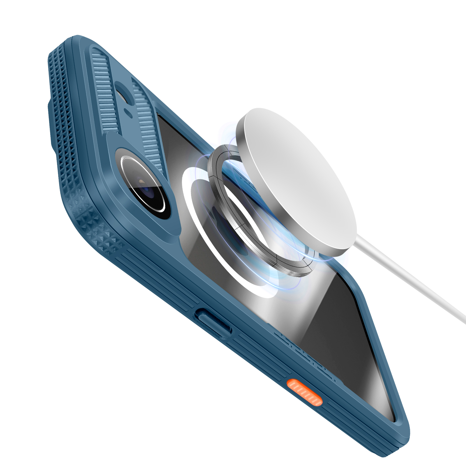 Una custodia blu con un caricatore magnetico. Il telefono è angolato, mostrando la fotocamera e lo schermo.