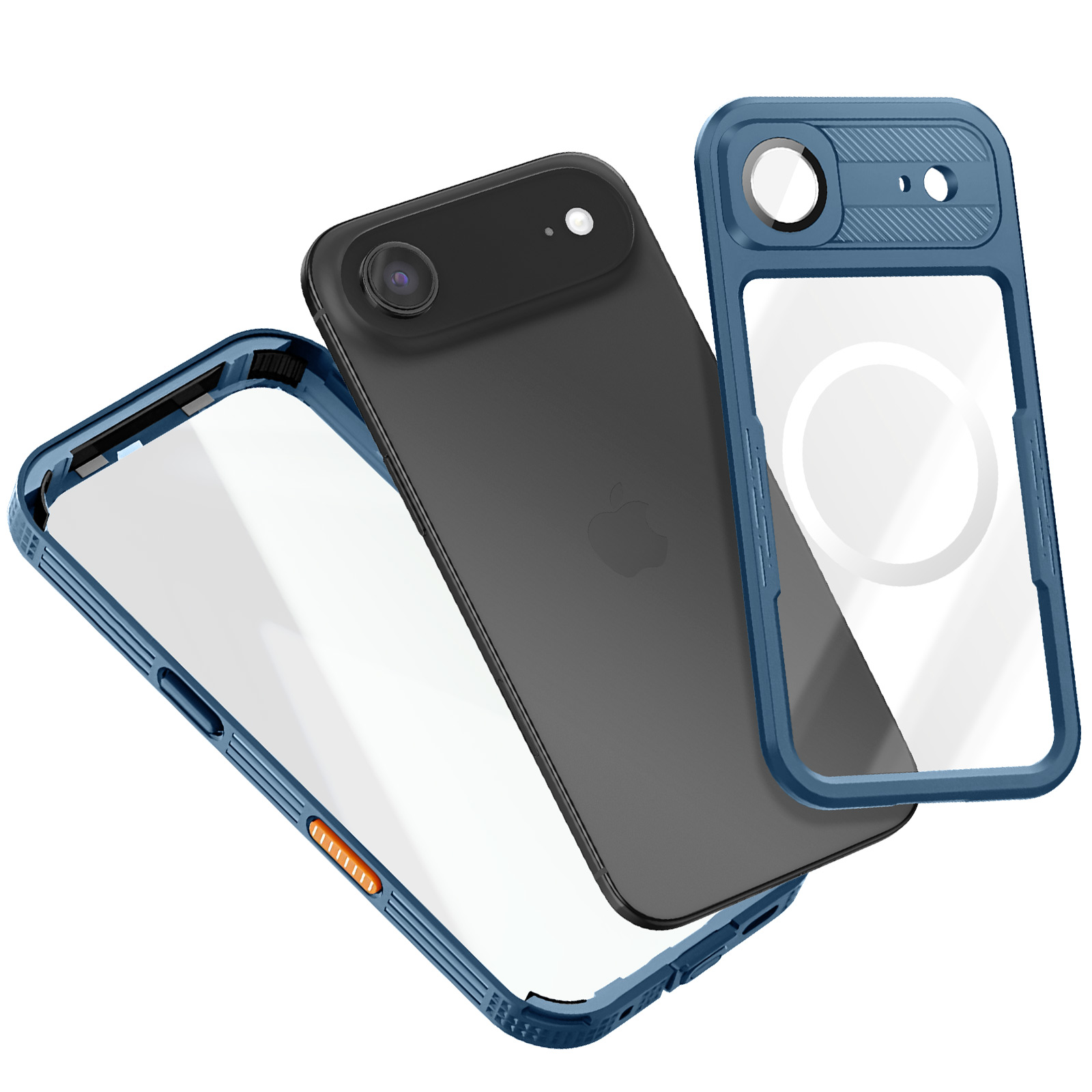 Un telefono nero con custodia e due custodie blu sono visualizzati su sfondo bianco. Il telefono è visibile.