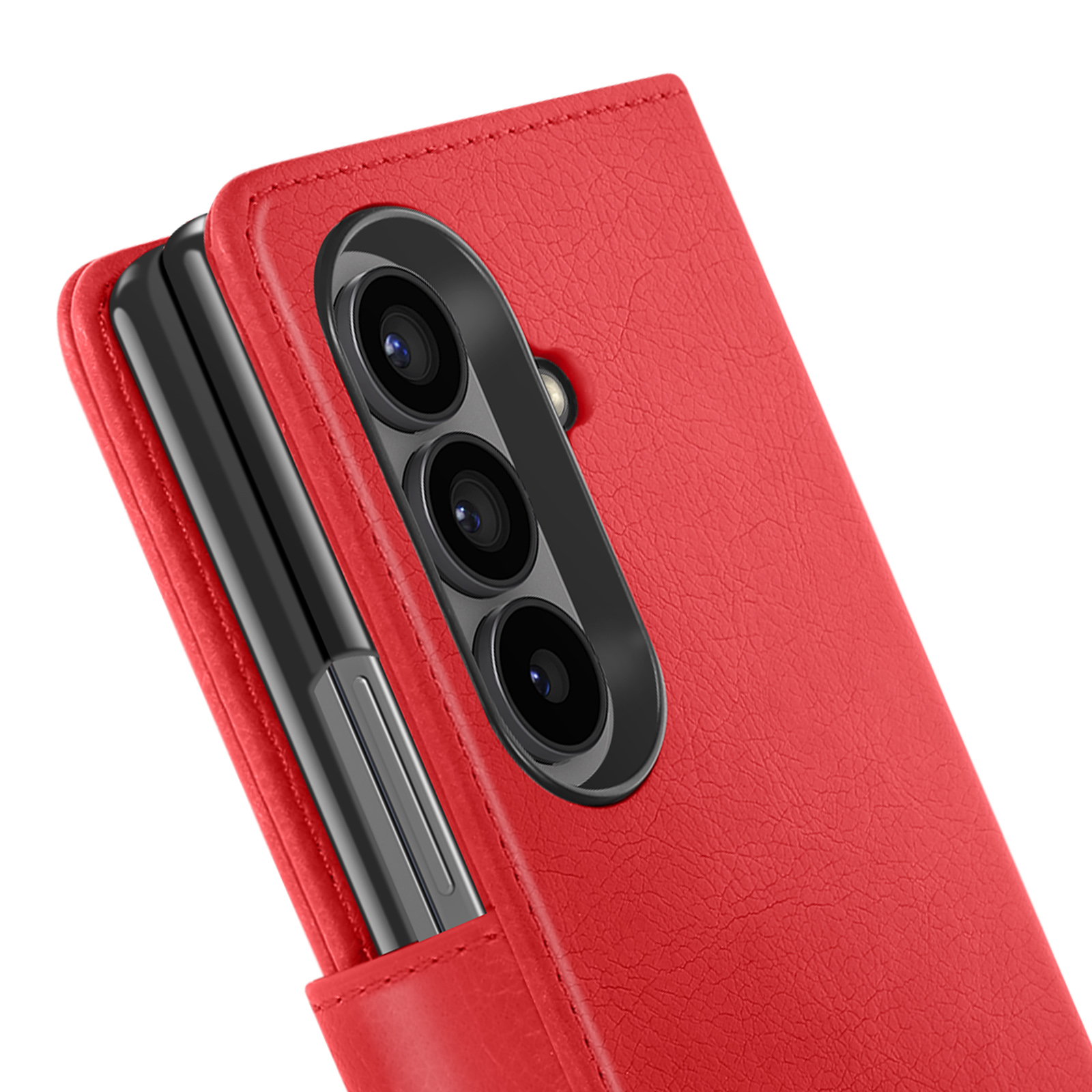 Custodia rossa per telefono con lenti della fotocamera e stilo. La custodia è aperta, mostrando il retro del telefono e lo stilo.