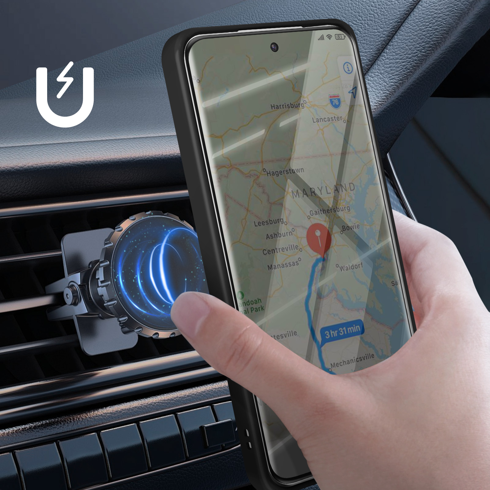 Un telefono che mostra una mappa è tenuto vicino a un supporto magnetico per auto. L'interno dell'auto è visibile.