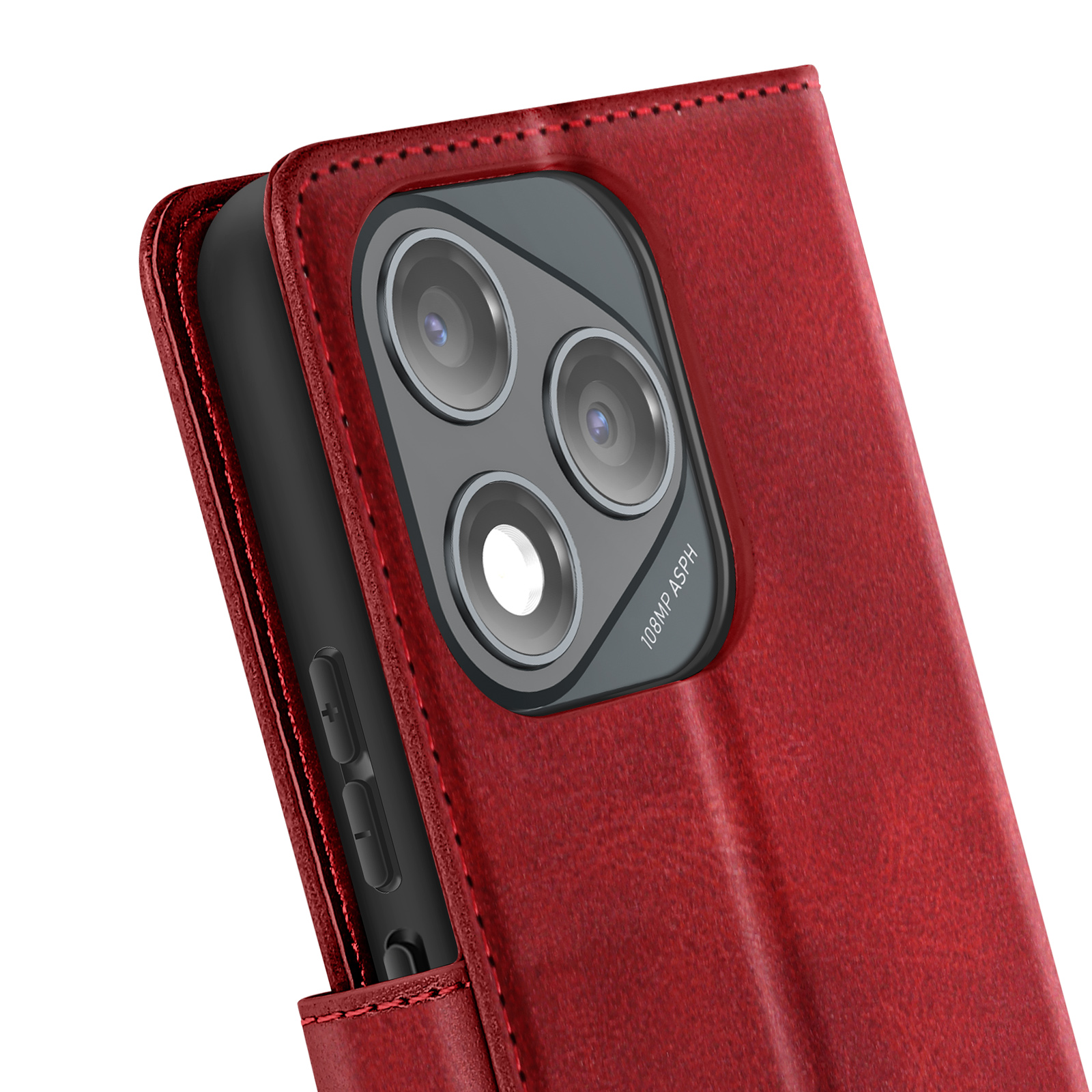Primo piano di una custodia per telefono in pelle rossa con fotocamera visibile. La custodia è aperta, mostrando la fotocamera e i pulsanti del telefono.