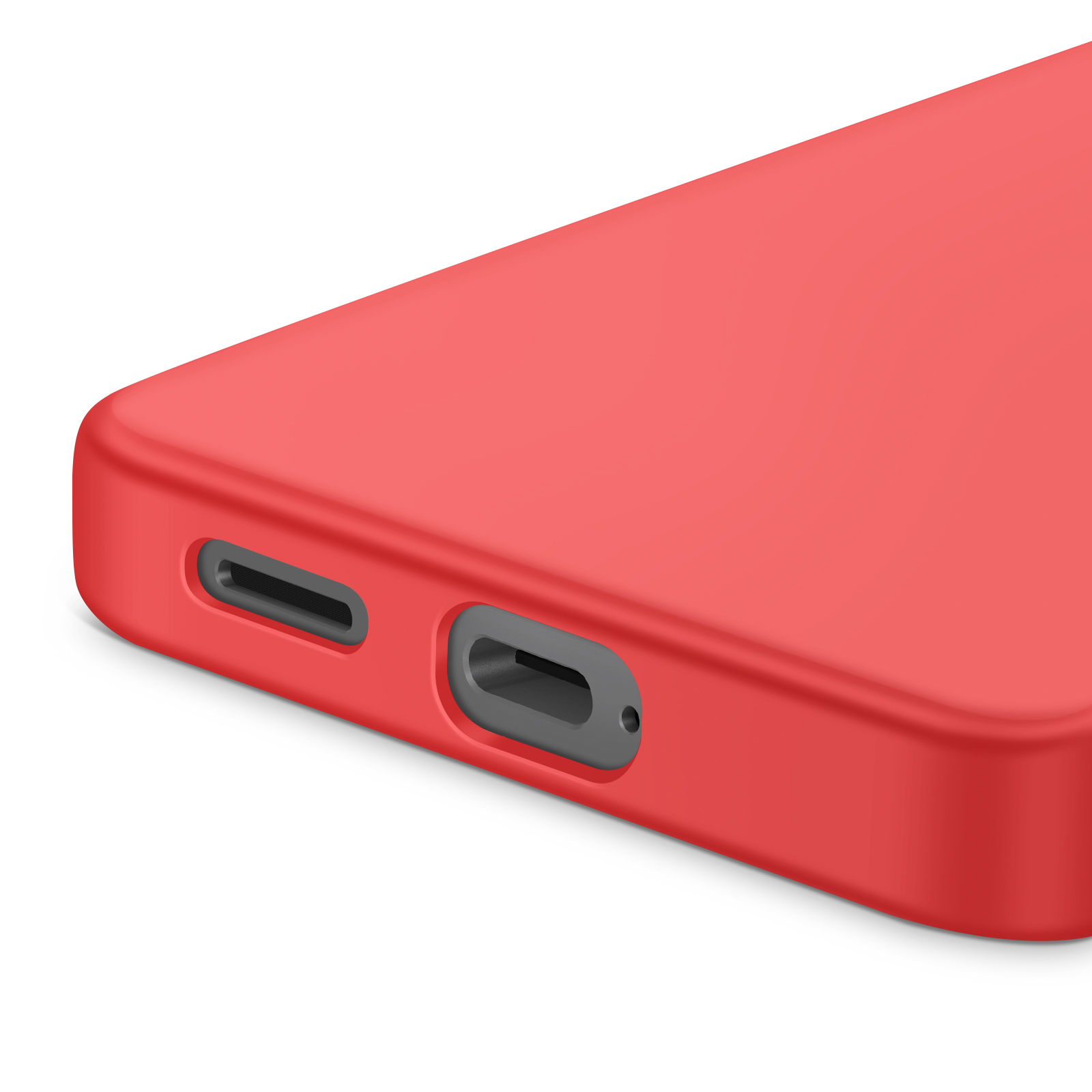 Close-up van een rode telefoonhoes met twee donkergrijze openingen op een witte achtergrond. De hoes is glad.