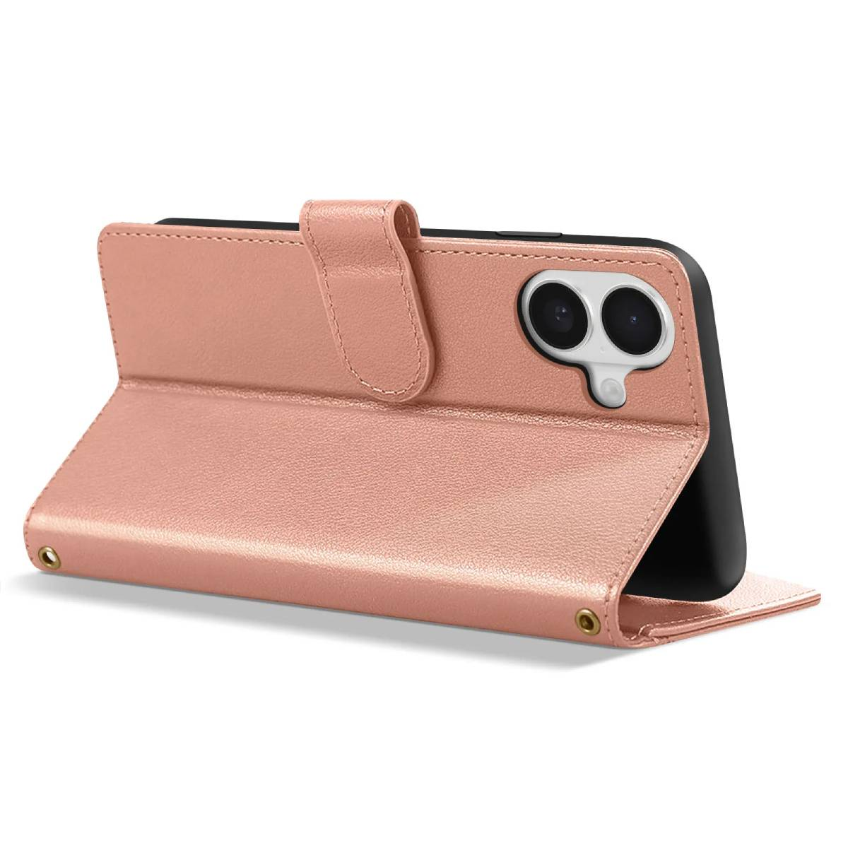 Una custodia per telefono oro rosa in posizione aperta. La custodia protegge il telefono e ha un ritaglio per la fotocamera. Un fermaglio assicura la custodia.