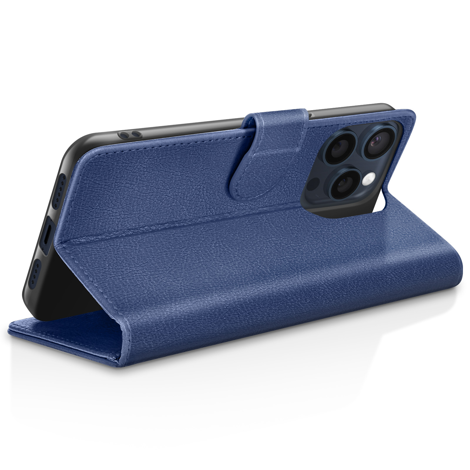 Un étui de téléphone bleu avec un téléphone à l'intérieur. L'étui est ouvert et incliné, montrant les caméras du téléphone.