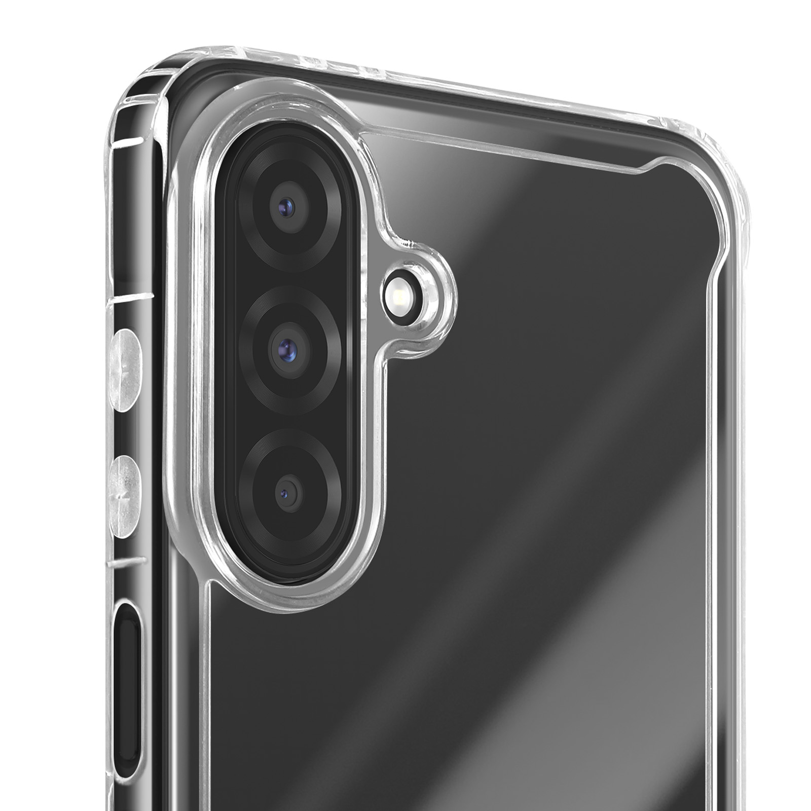 Primo piano di un telefono. Una custodia trasparente protegge le lenti della fotocamera. Superficie grigia.