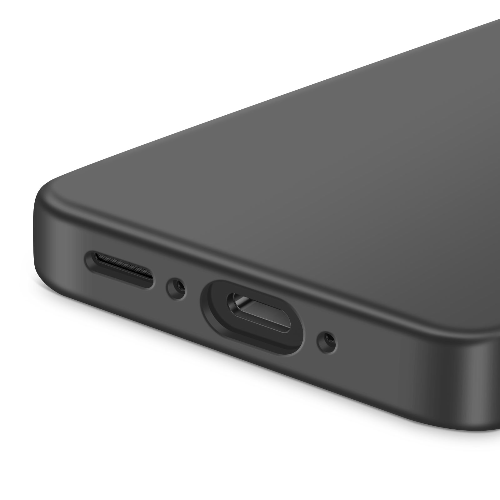 Gros plan du bord inférieur d'un téléphone noir. Montre le port de chargement, les trous de haut-parleur et une finition mate élégante.
