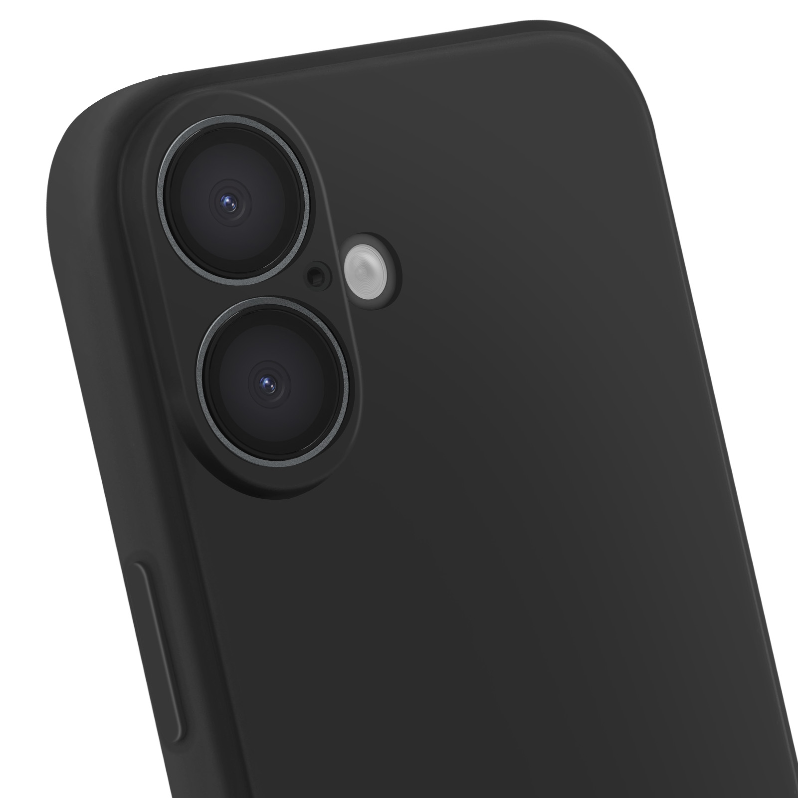 Gros plan sur un smartphone noir avec deux objectifs d'appareil photo et un flash. Fond blanc.