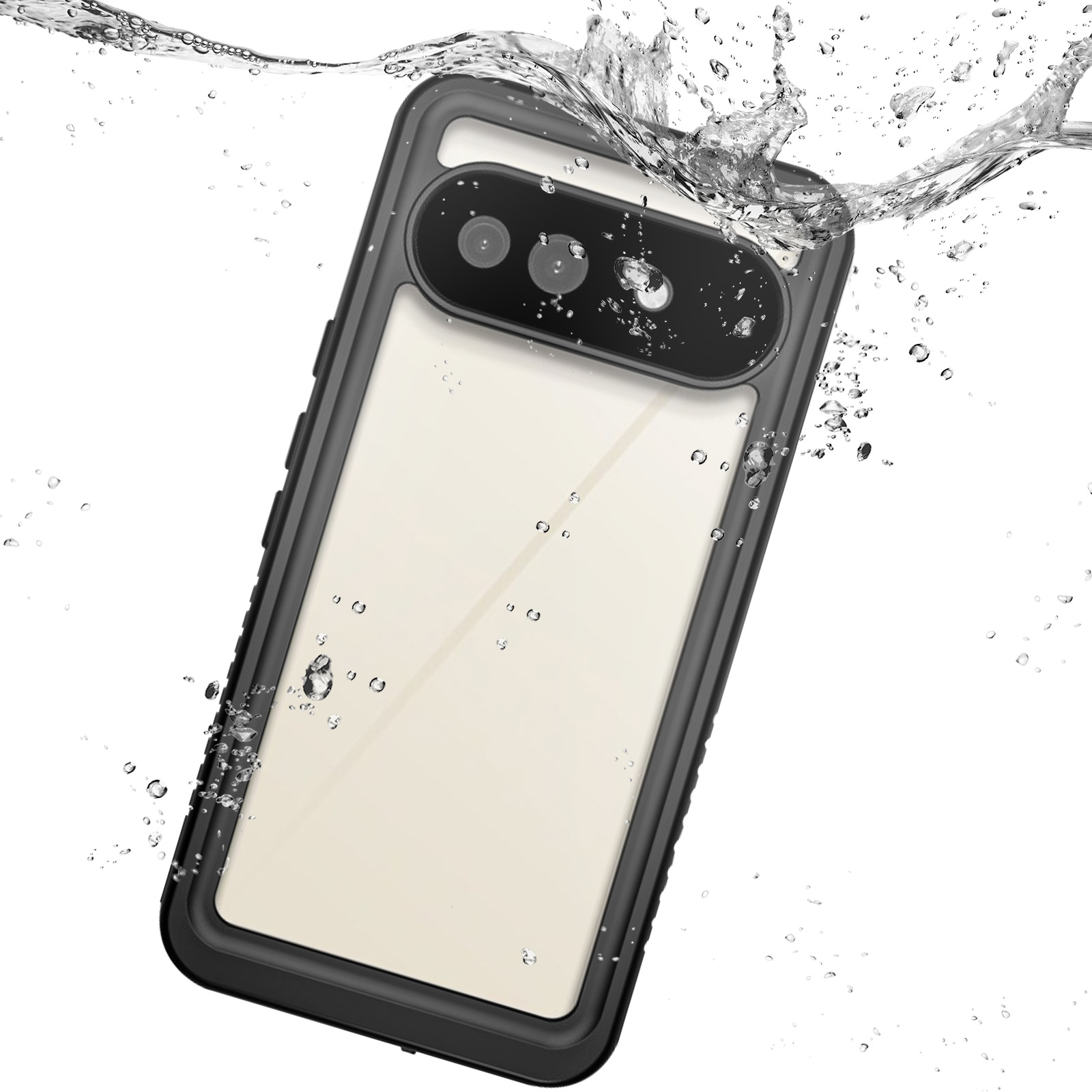 Un telefono in una custodia impermeabile nera immerso nell'acqua. L'acqua schizza intorno al telefono, con goccioline visibili.